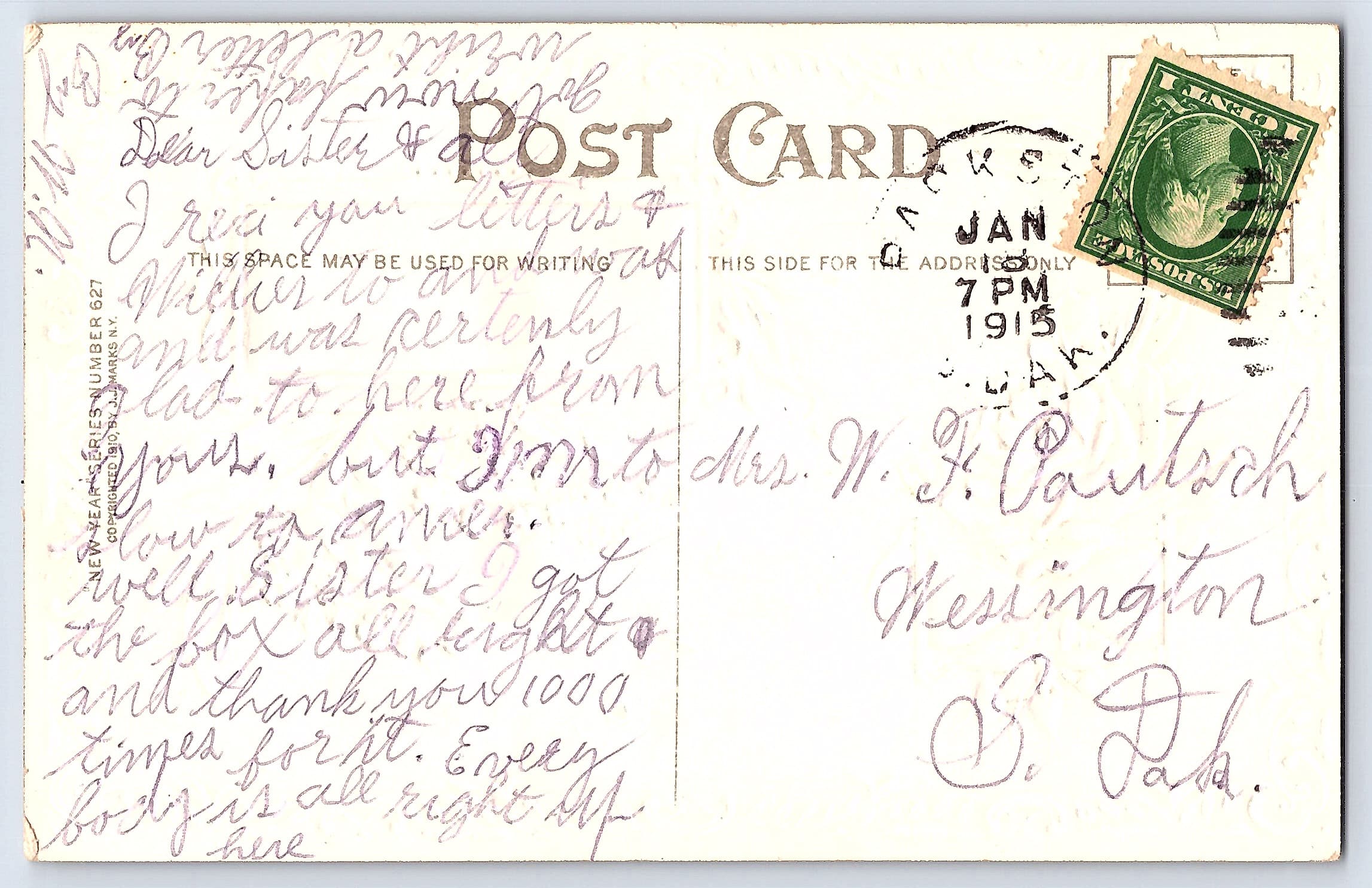 Tuck's New Year Postcard, Divided Back, Winter Scene, 1913 Postmark - Back