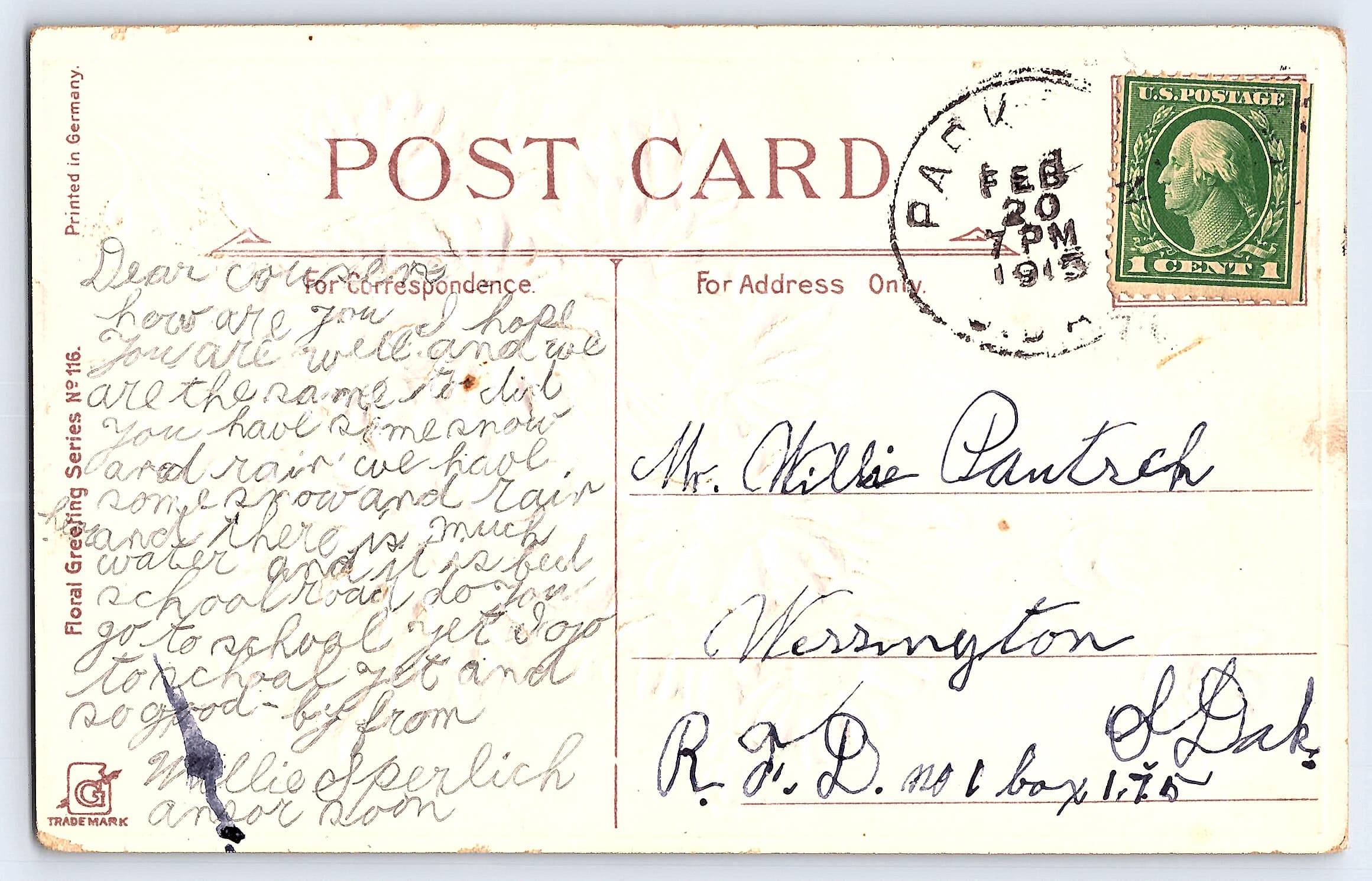 Floral Greeting Series No. 16, RPPC, Marguerites, 1913 Postmark - Back