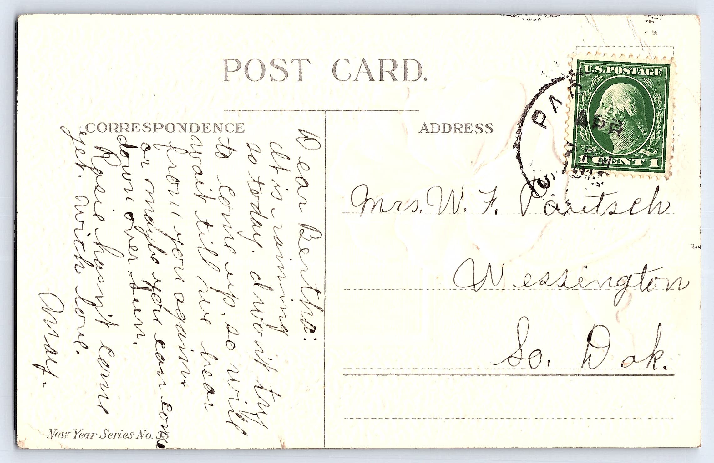 New Year Wishes, Divided Back Postcard, 1915, South Dakota - Back
