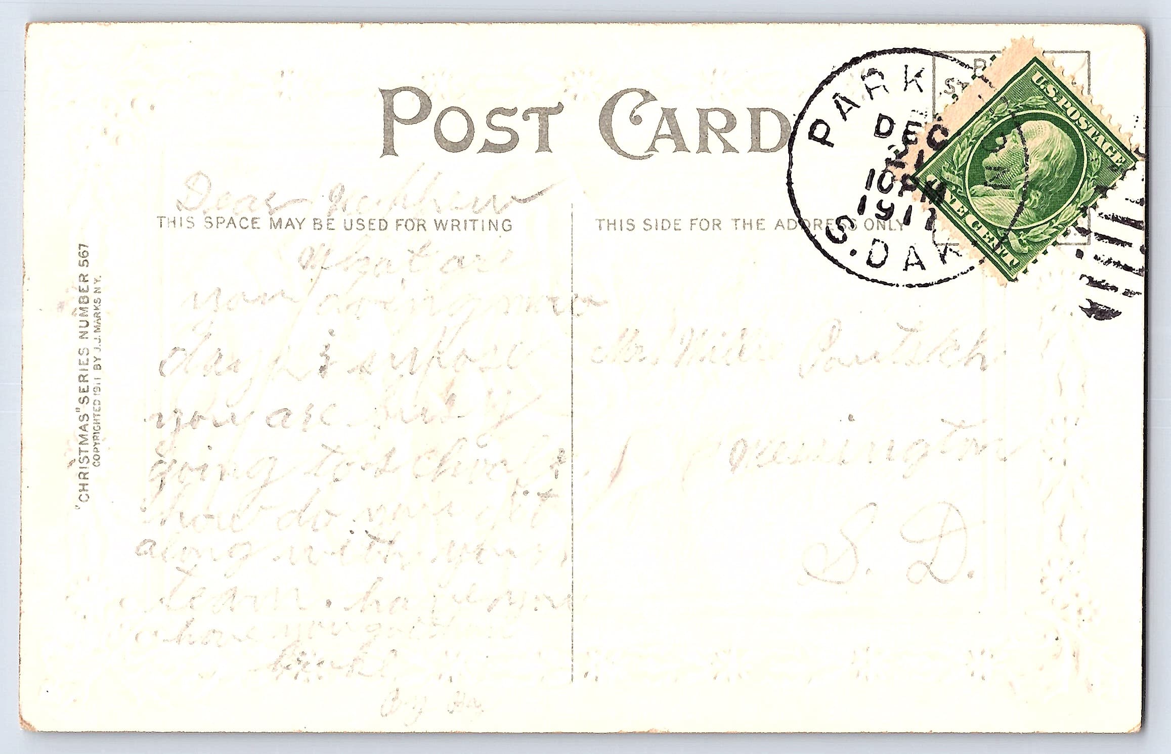 J.A. Harkins Christmas Postcard, Santa Sledding, 1912 Postmark, South Dakota - Back