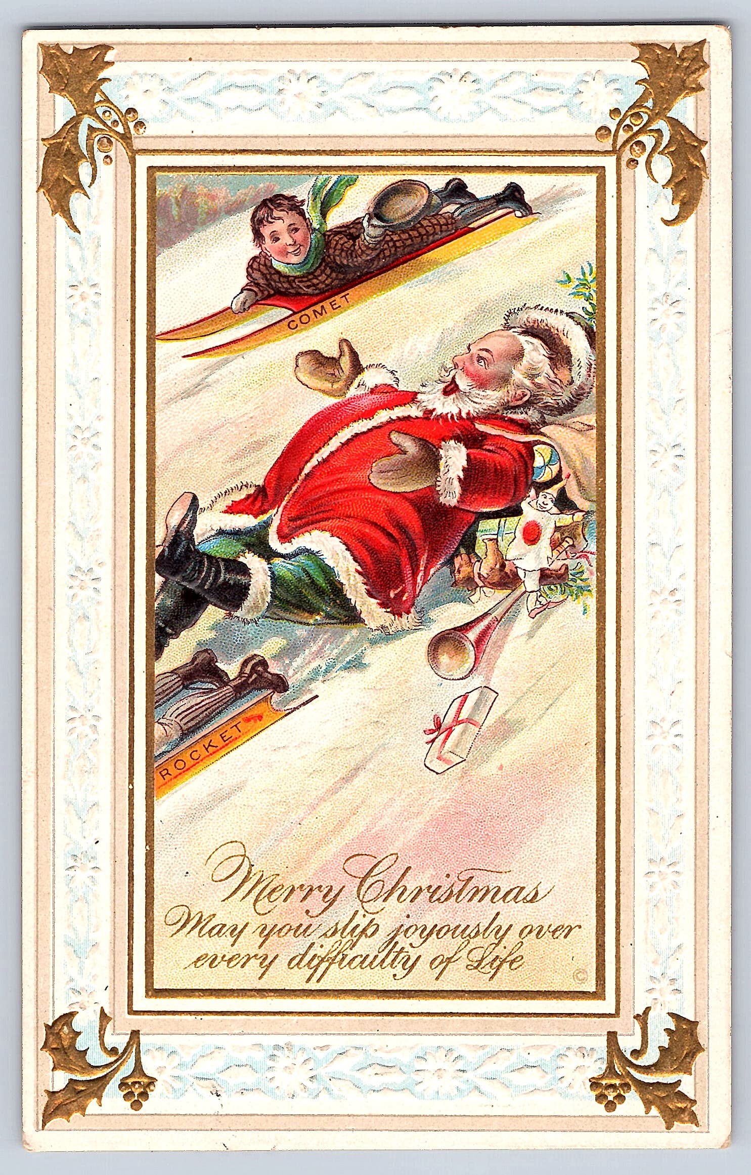 J.A. Harkins Christmas Postcard, Santa Sledding, 1912 Postmark, South Dakota