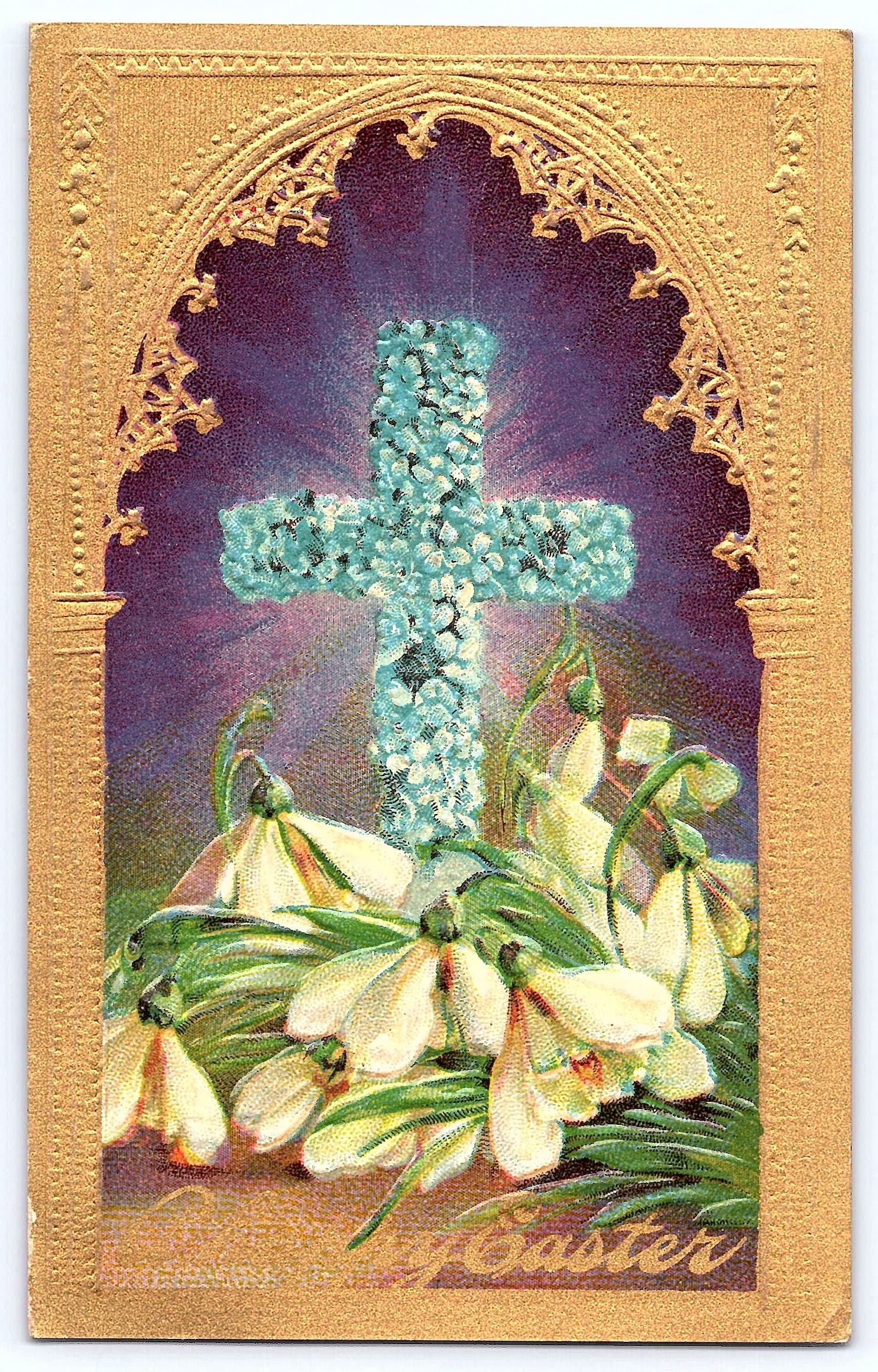 Easter Cross and Flowers, Divided Back Postcard, 1915 Postmark