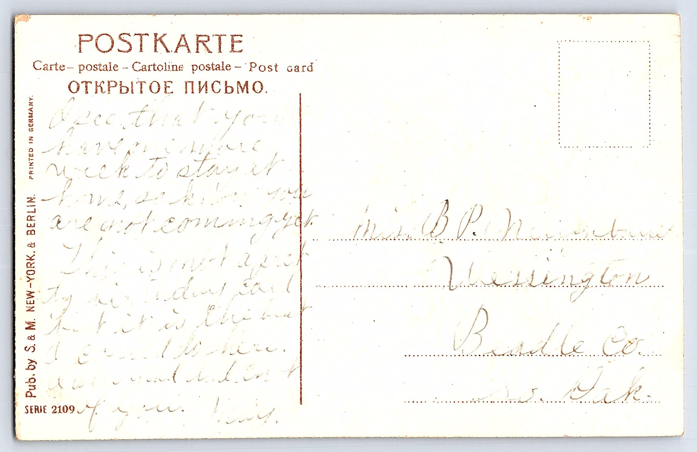 S & M New York & Berlin, Divided Back, Birthday Greetings, Early 1900s - Back