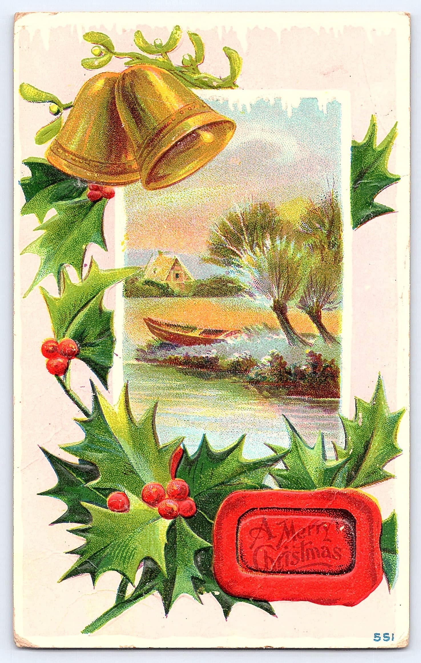 Embossed Christmas Postcard, Divided Back, Bells & Holly, Early 1900s