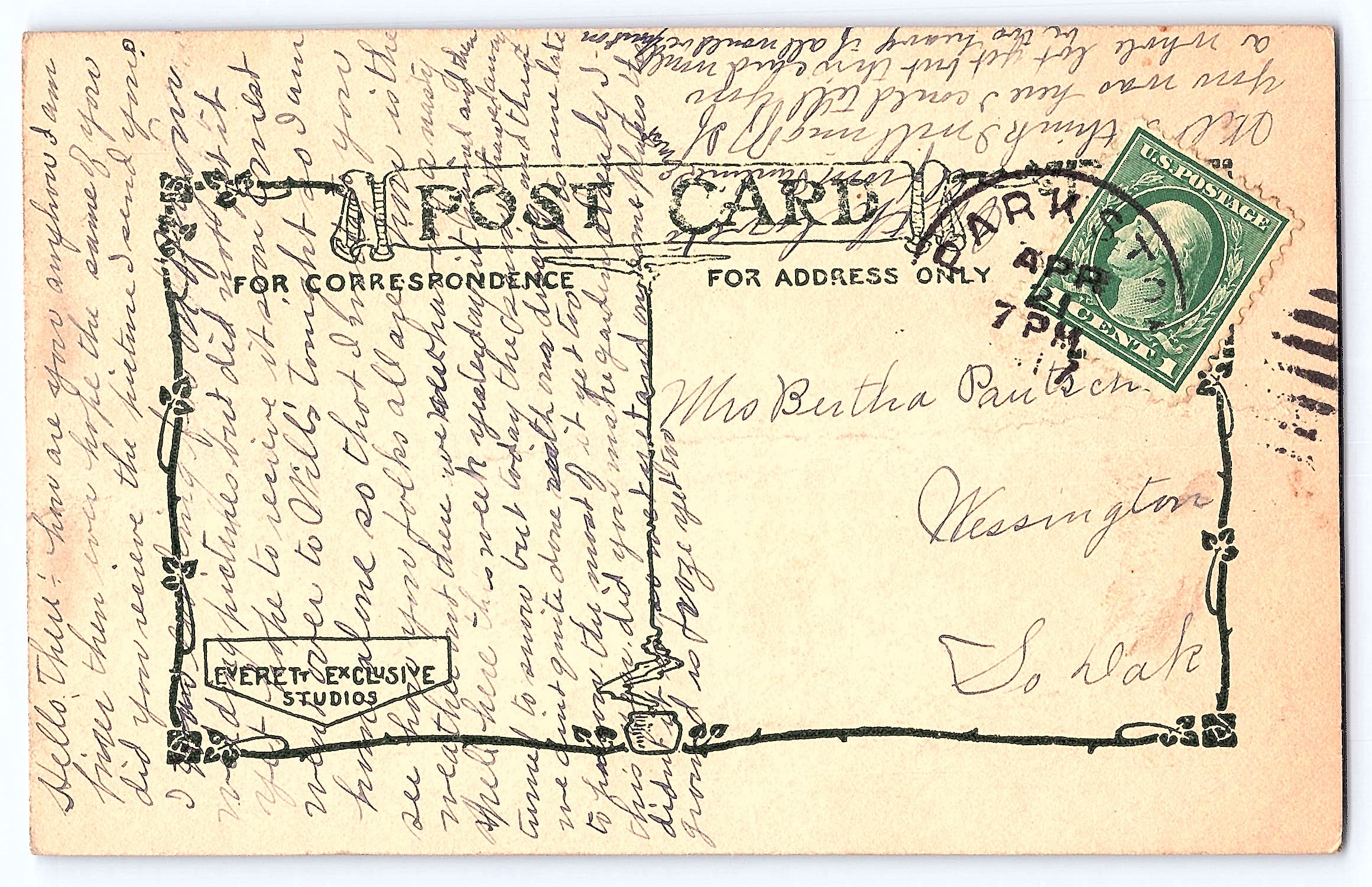 Everett Exclusive Studios, Divided Back Postcard, Poem Scene, 1910 - Back