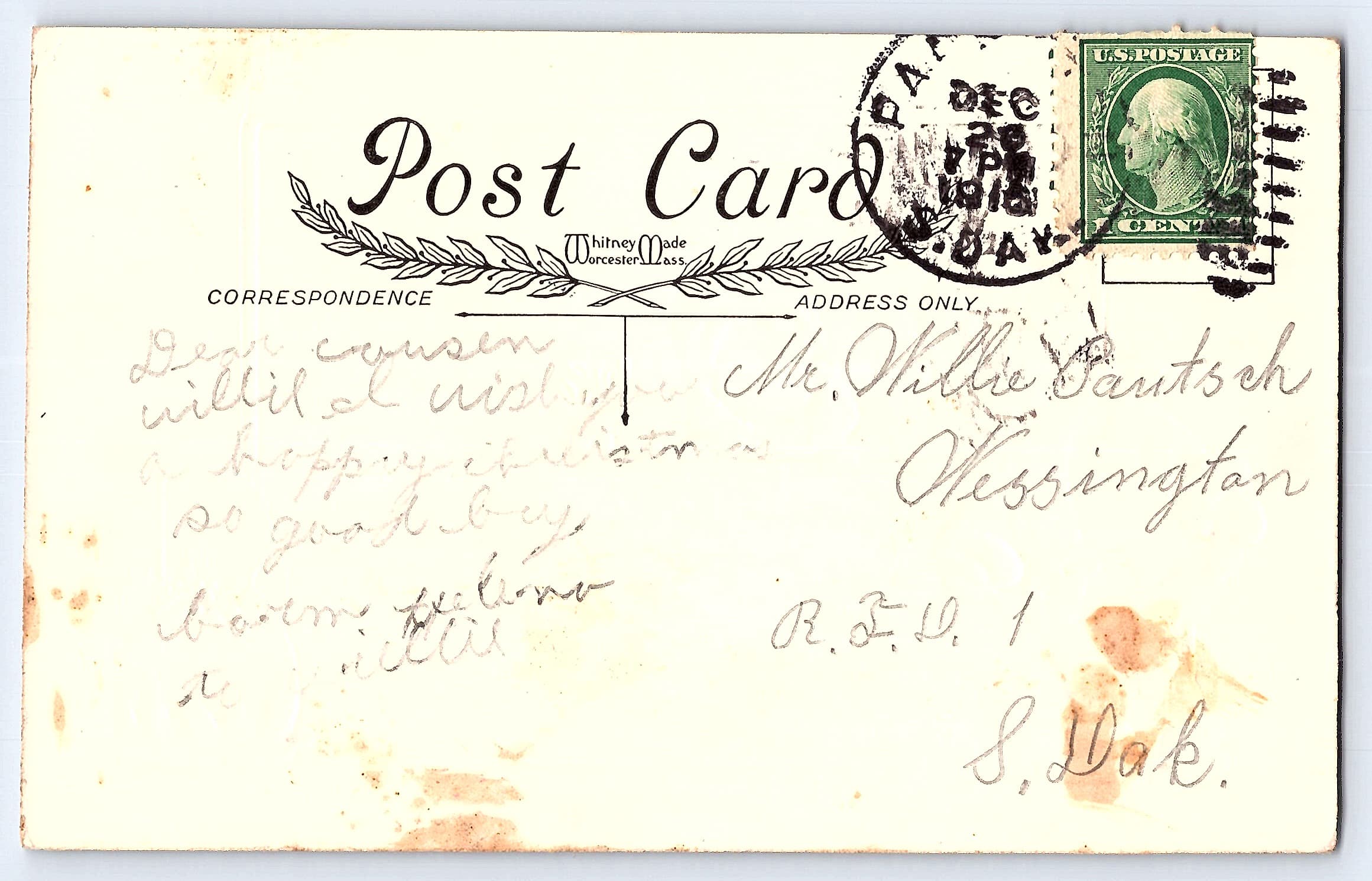 Whitney Made Christmas Postcard, Santa Children, 1910s, South Dakota - Back