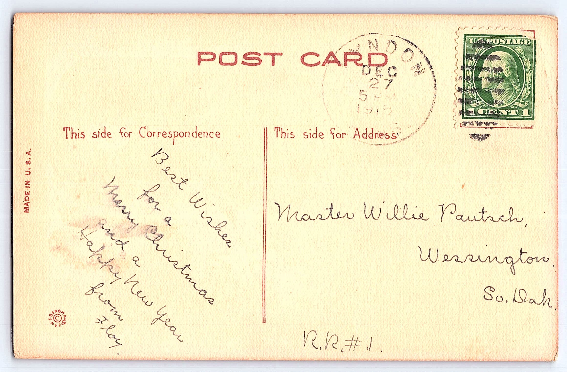 Bergman Jolly Christmas Postcard, Children with Wreath, 1915 Postmark - Back