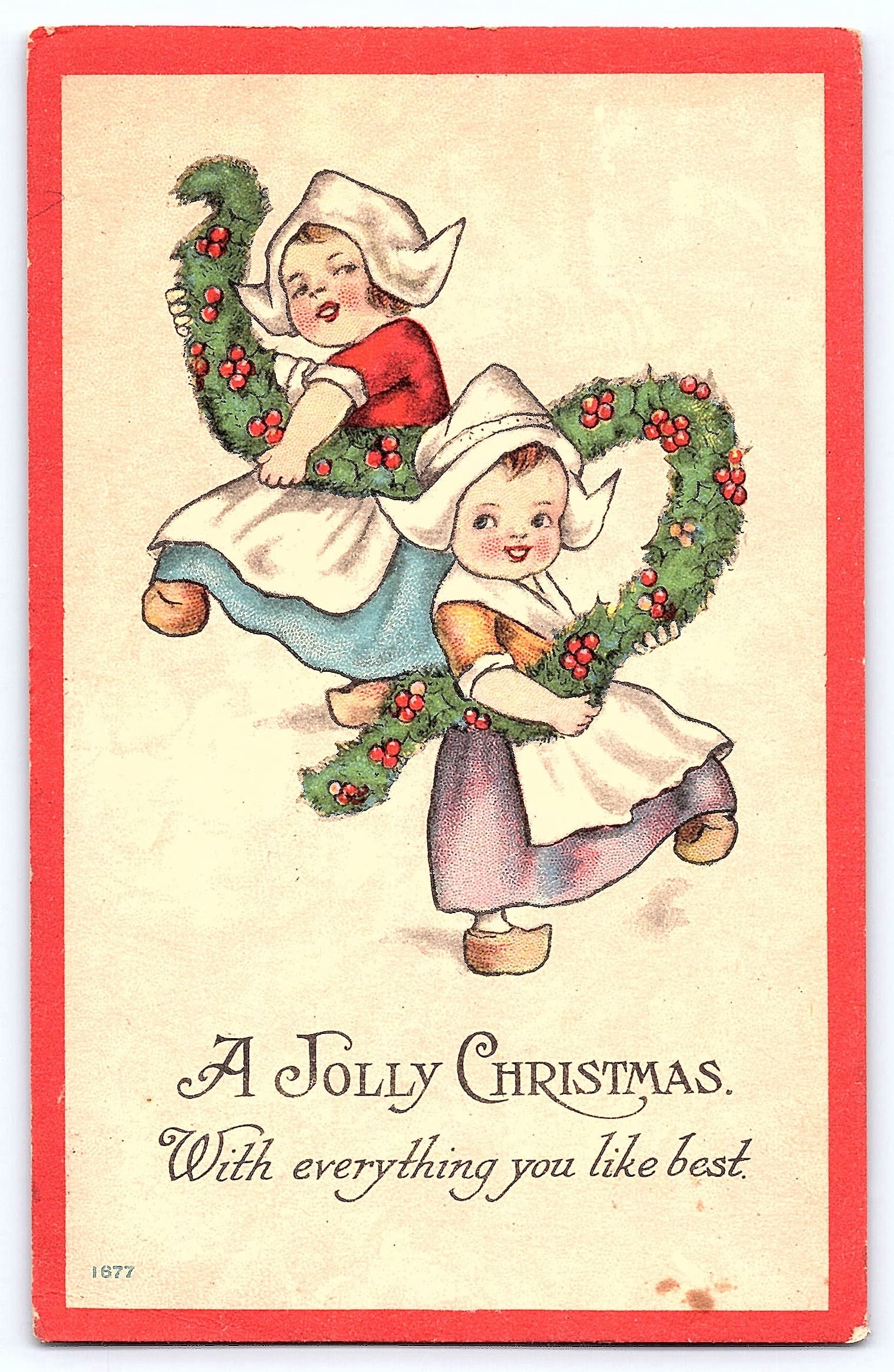 Bergman Jolly Christmas Postcard, Children with Wreath, 1915 Postmark