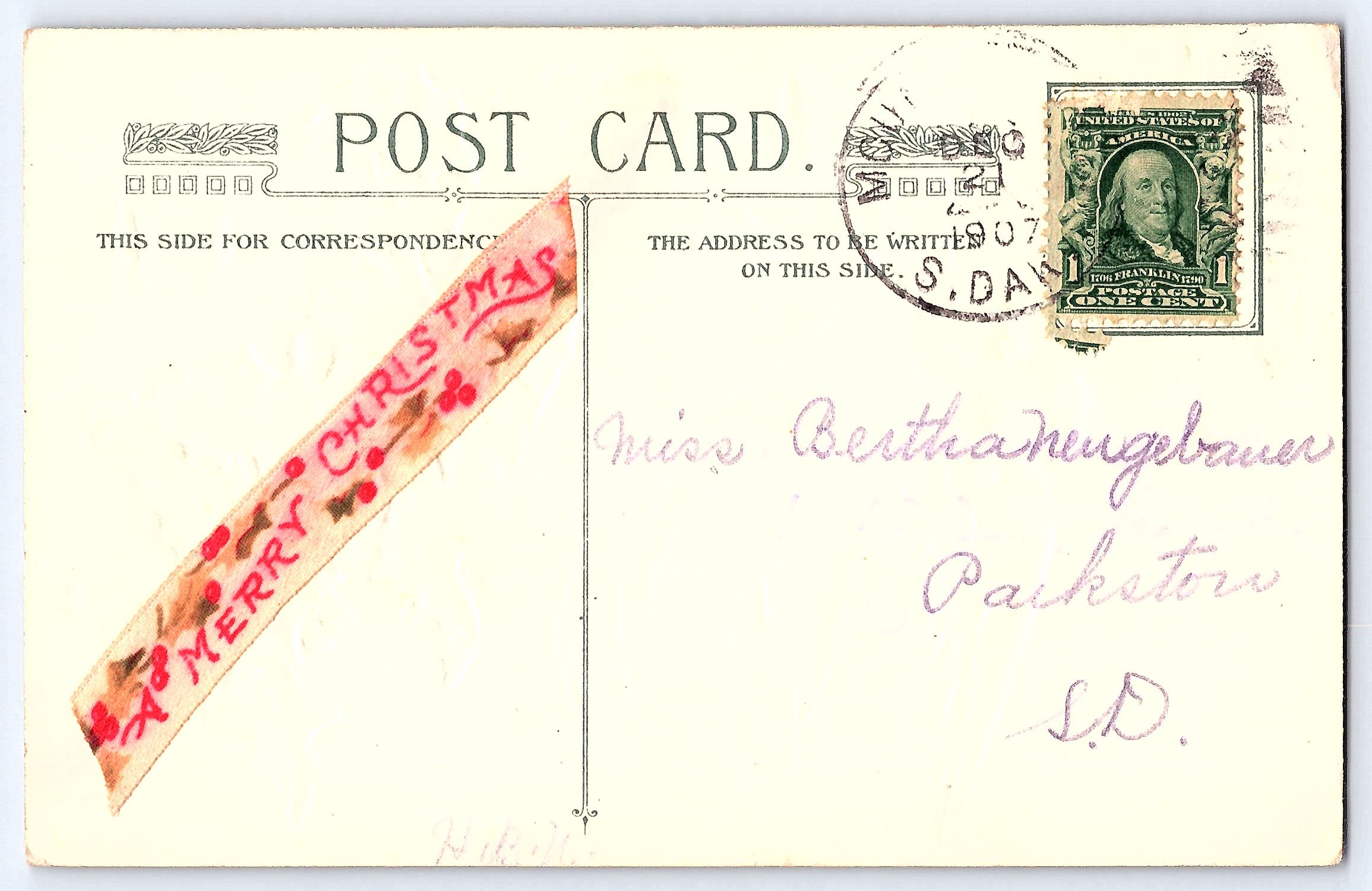 Christmas Greetings, Divided Back, Angels, South Dakota, 1907 - Back