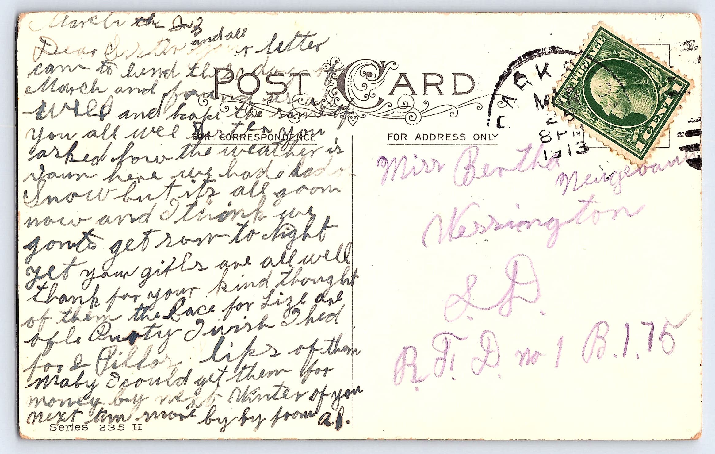 L.C. 1911 Linen Postcard, Best Wishes Floral Design, 1913 Postmark - Back