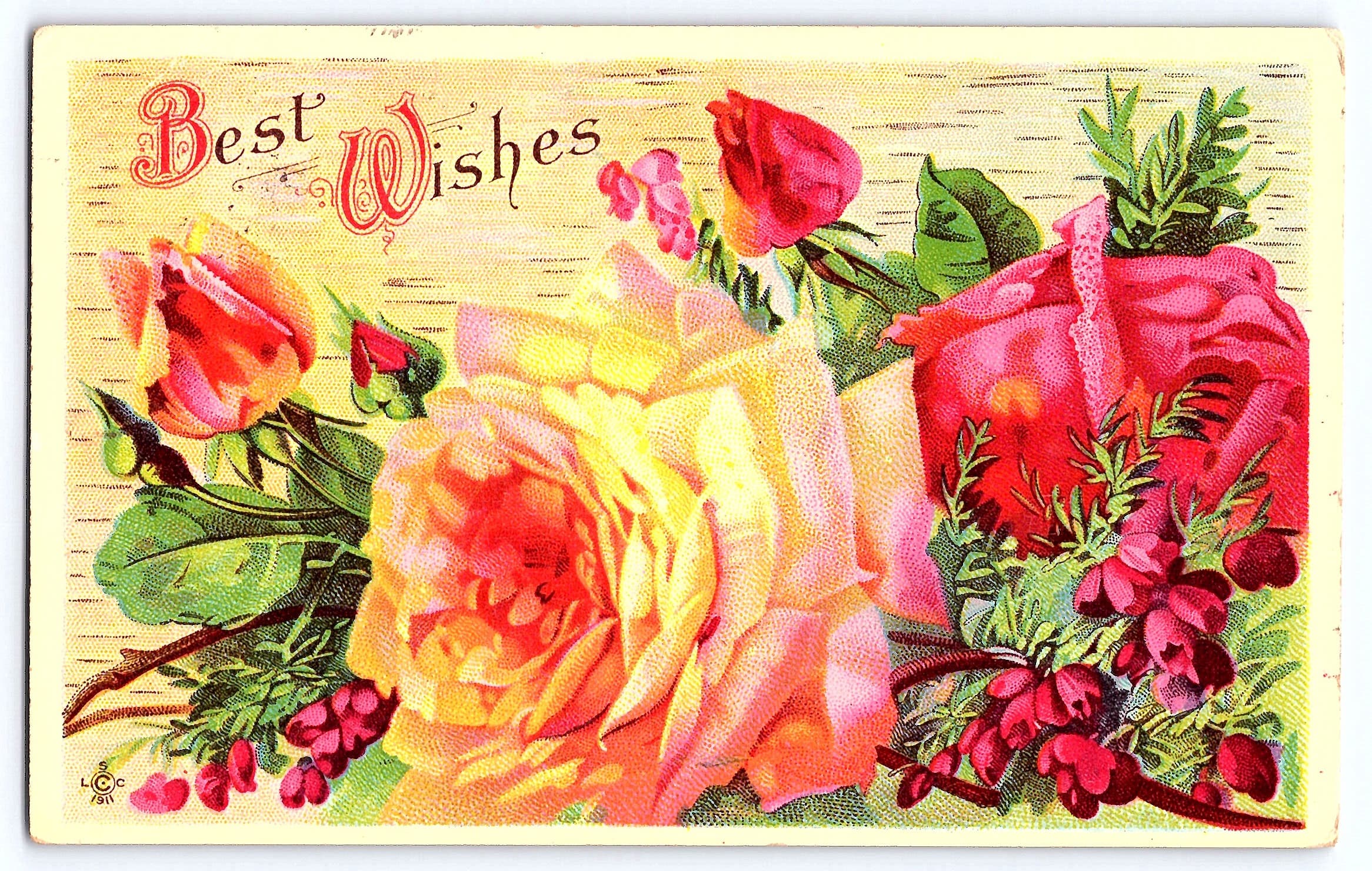 L.C. 1911 Linen Postcard, Best Wishes Floral Design, 1913 Postmark