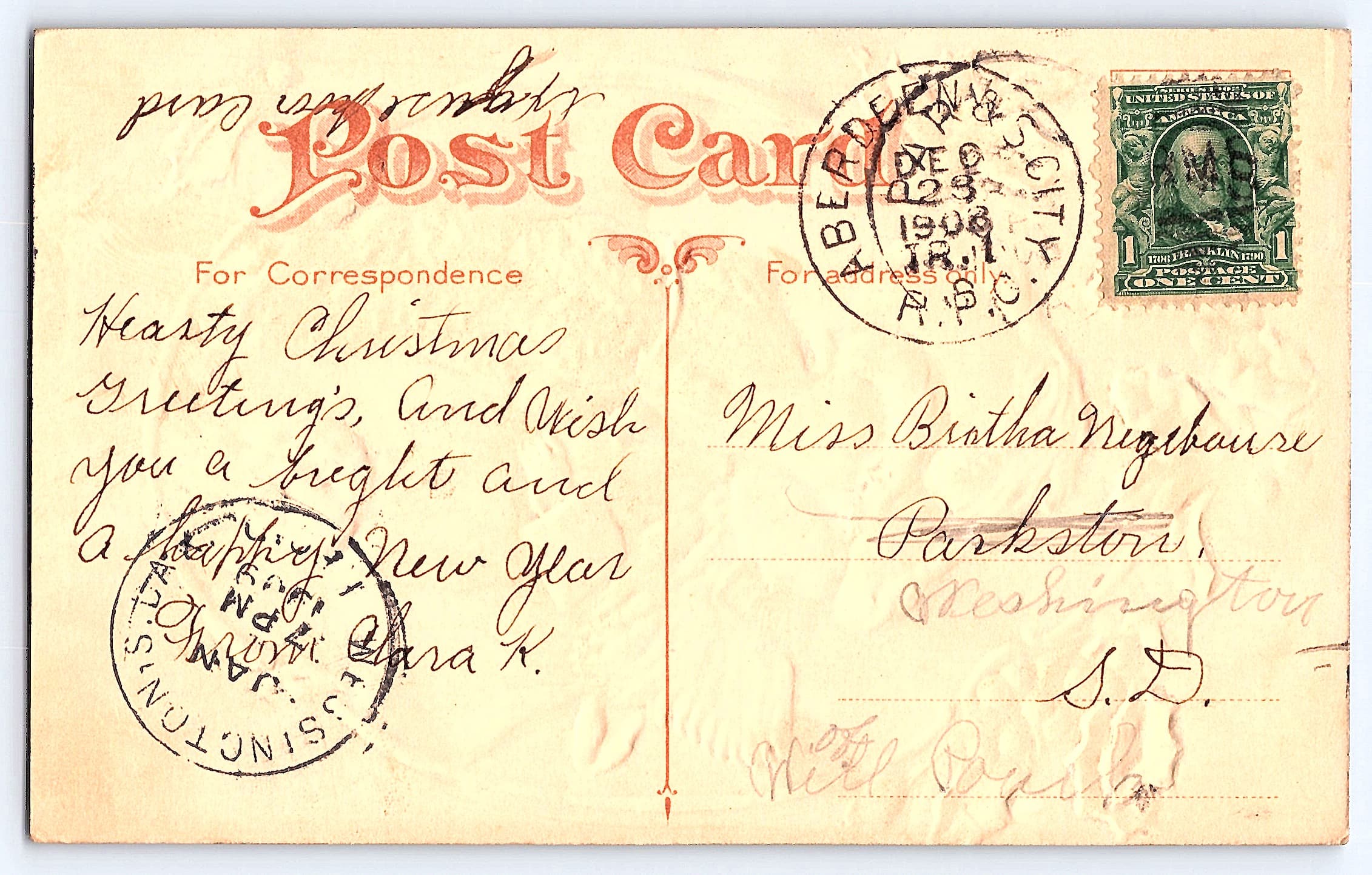 1908 Christmas Greetings Postcard, Aberdeen SD, Divided Back - Back