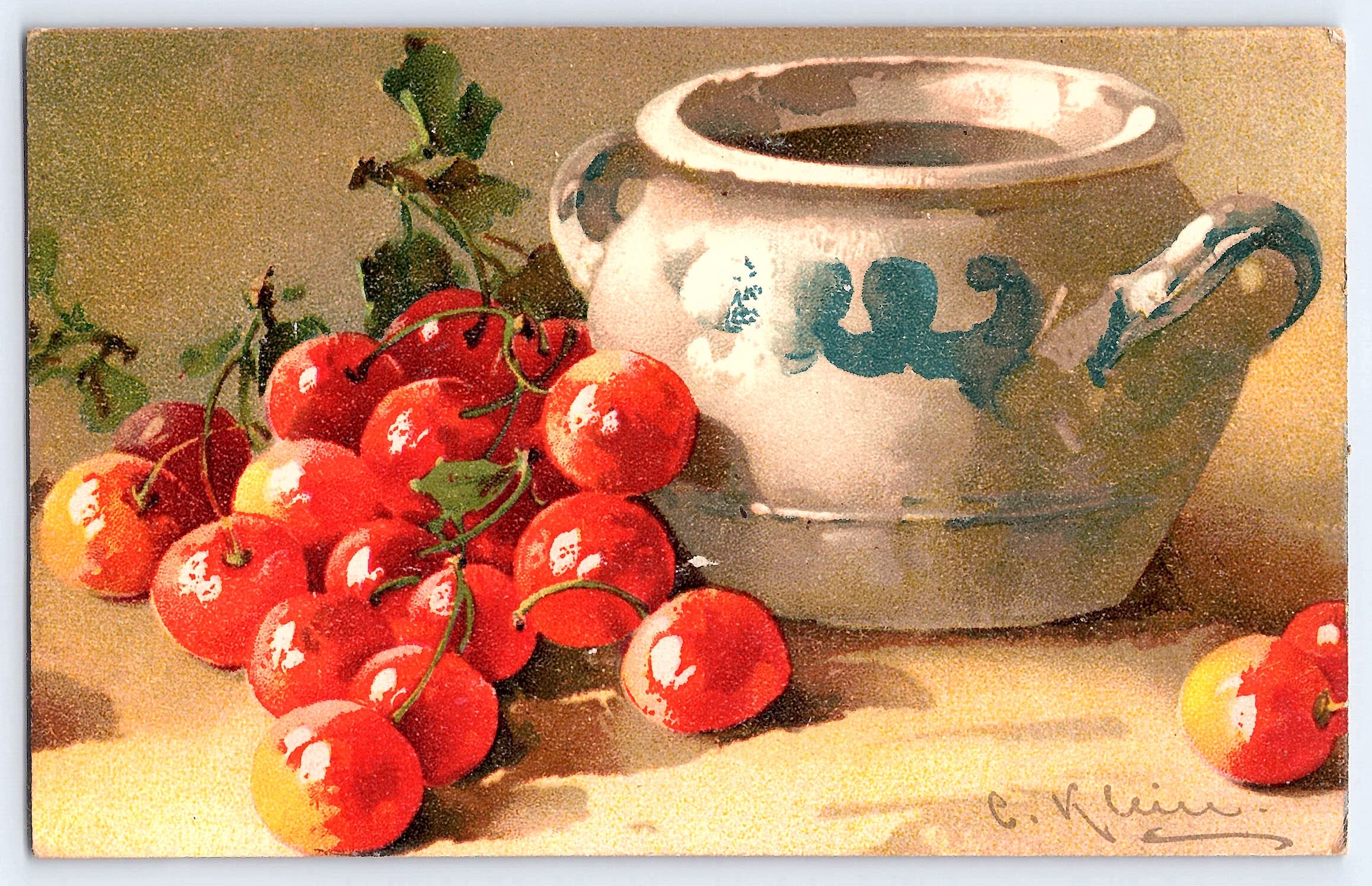 C. Klein Linen Postcard, Still Life with Cherries, Early 1900s