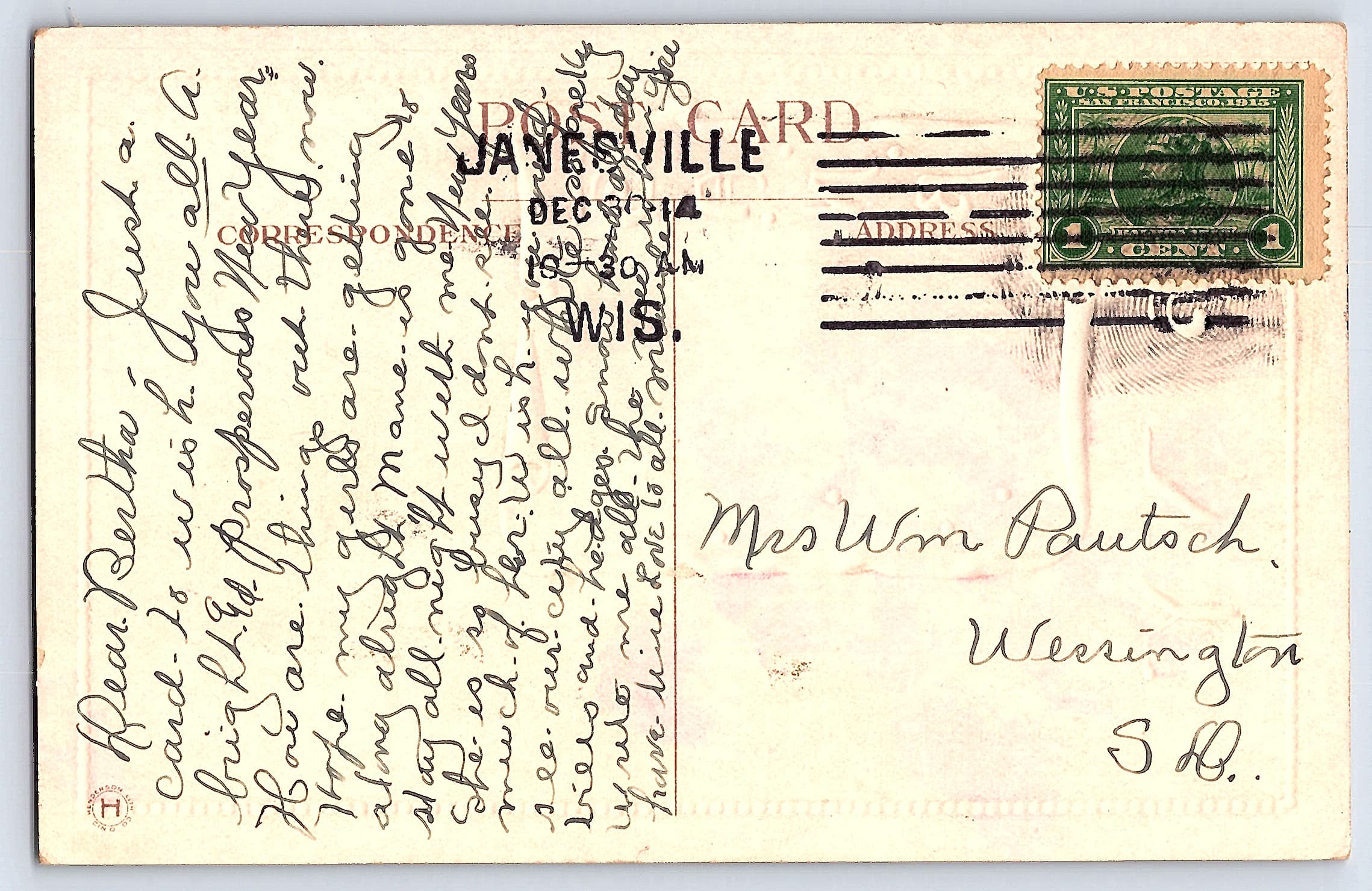 NY-76, Divided Back Postcard, New Year Greeting, 1914 Postmark - Back
