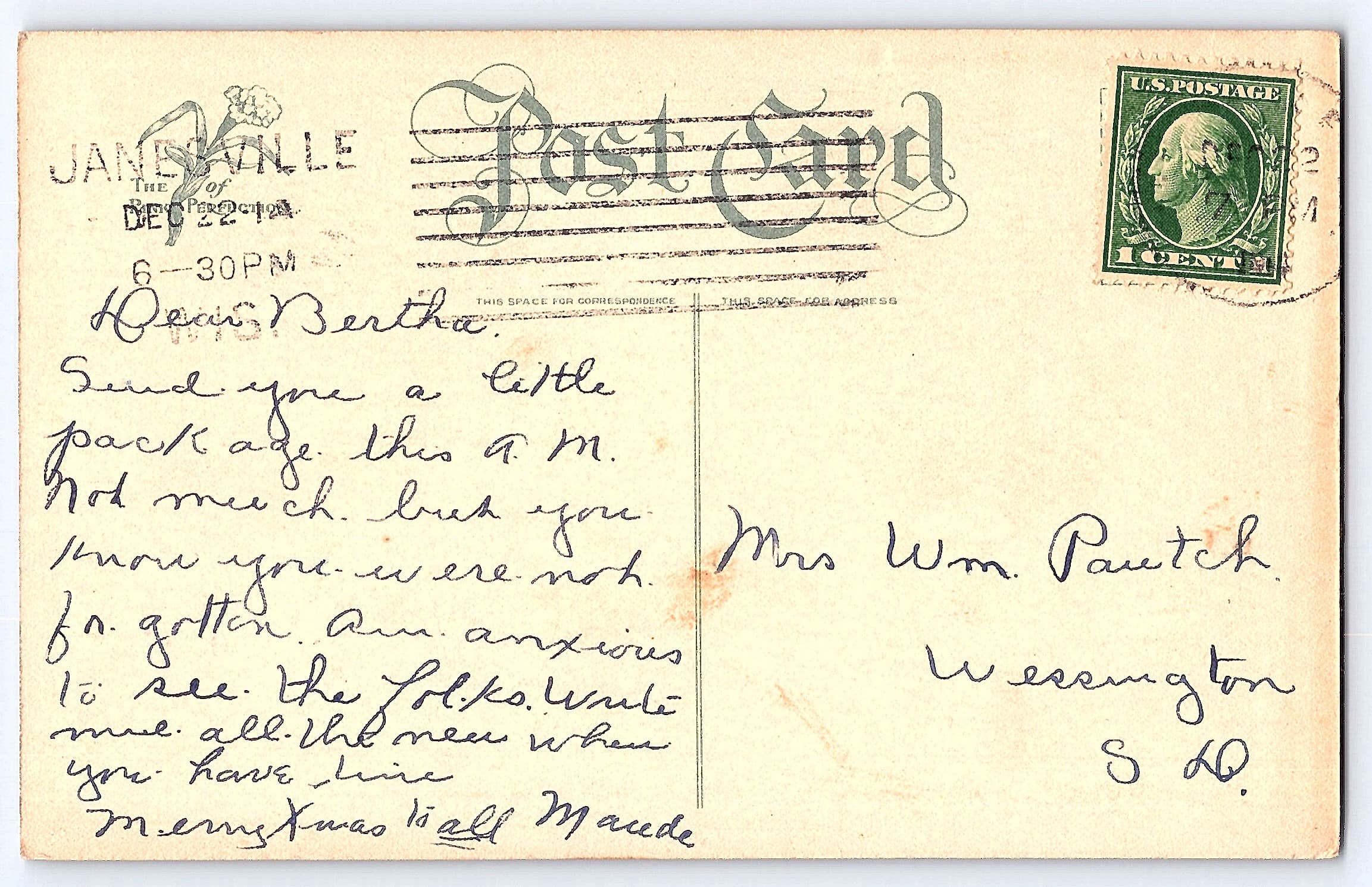 Christmas Postcard, Divided Back, Janesville WI, 1911 Postmark - Back