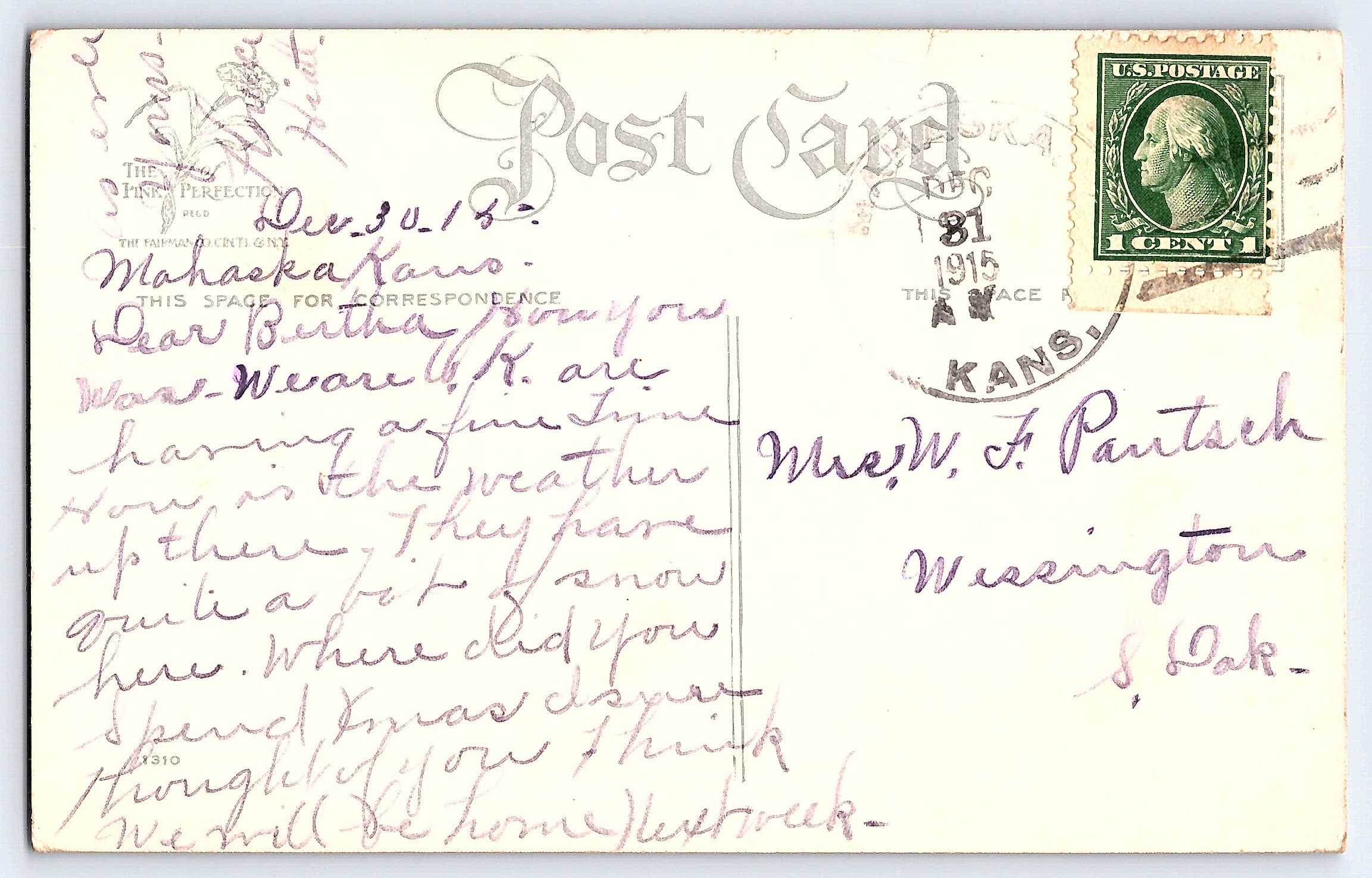 Tuck's Perfection Series, Divided Back, New Year Skater, Mahaska KS, 1915 - Back