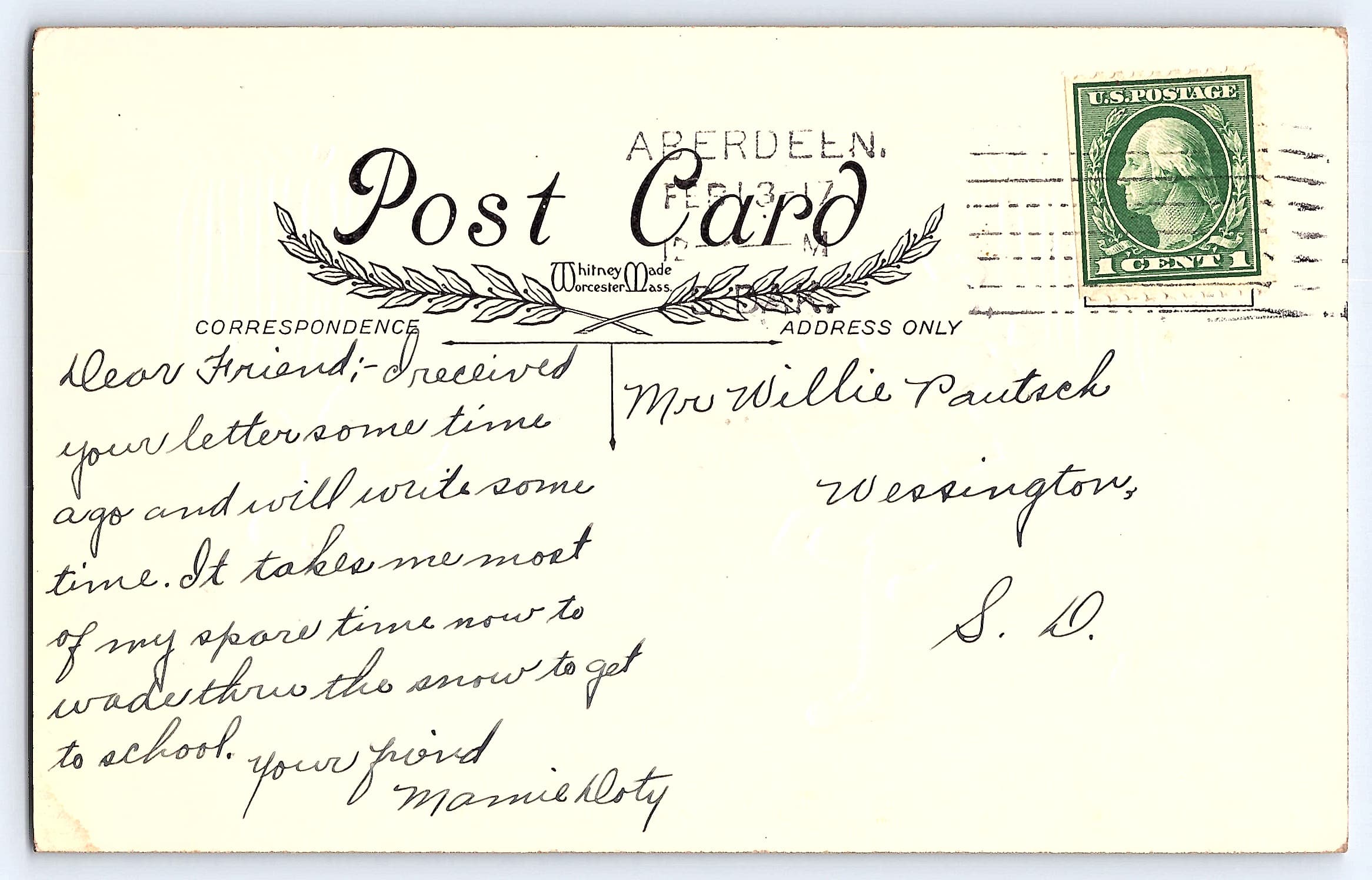 Whitney Made Valentine Greetings Postcard, Aberdeen SD, 1913 - Back