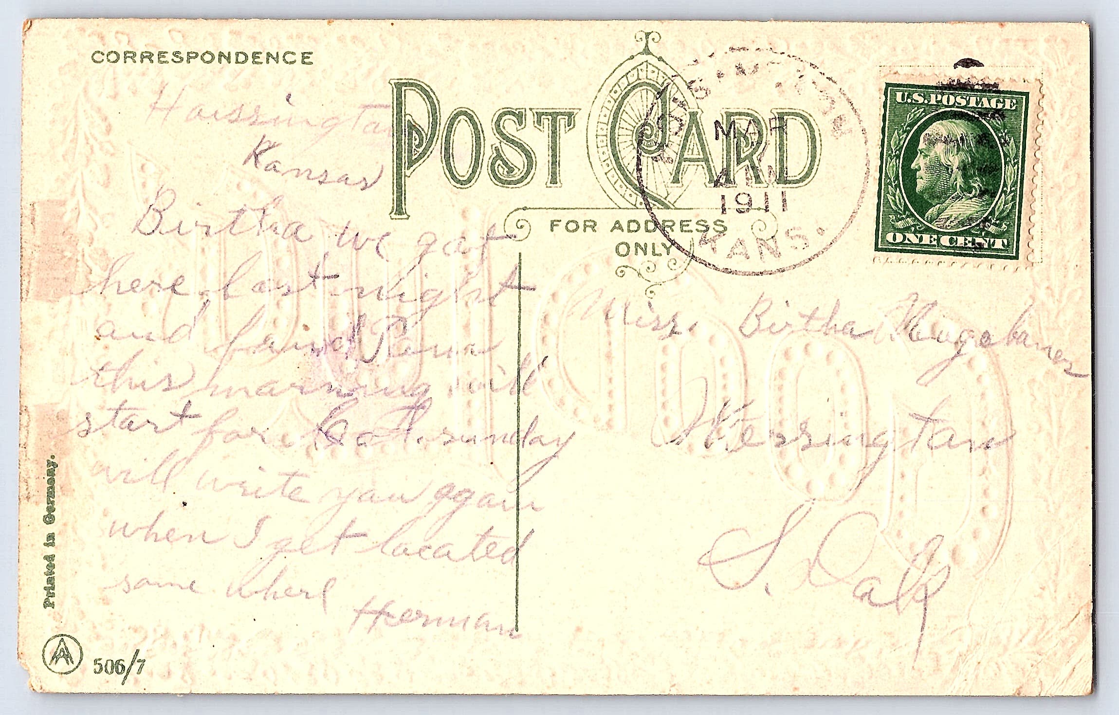 Printed in Germany, Divided Back, Good Luck Floral Design, 1911 - Back