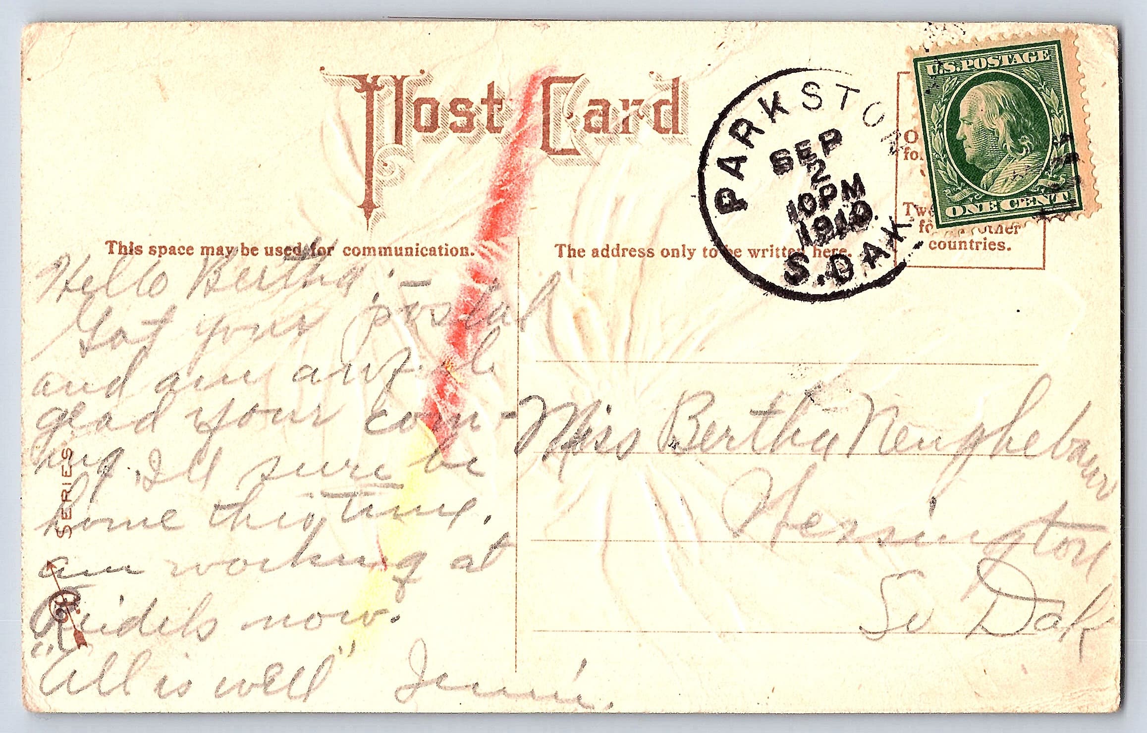Poinsettia Illustration, Divided Back Postcard, Parkston SD, 1910 - Back