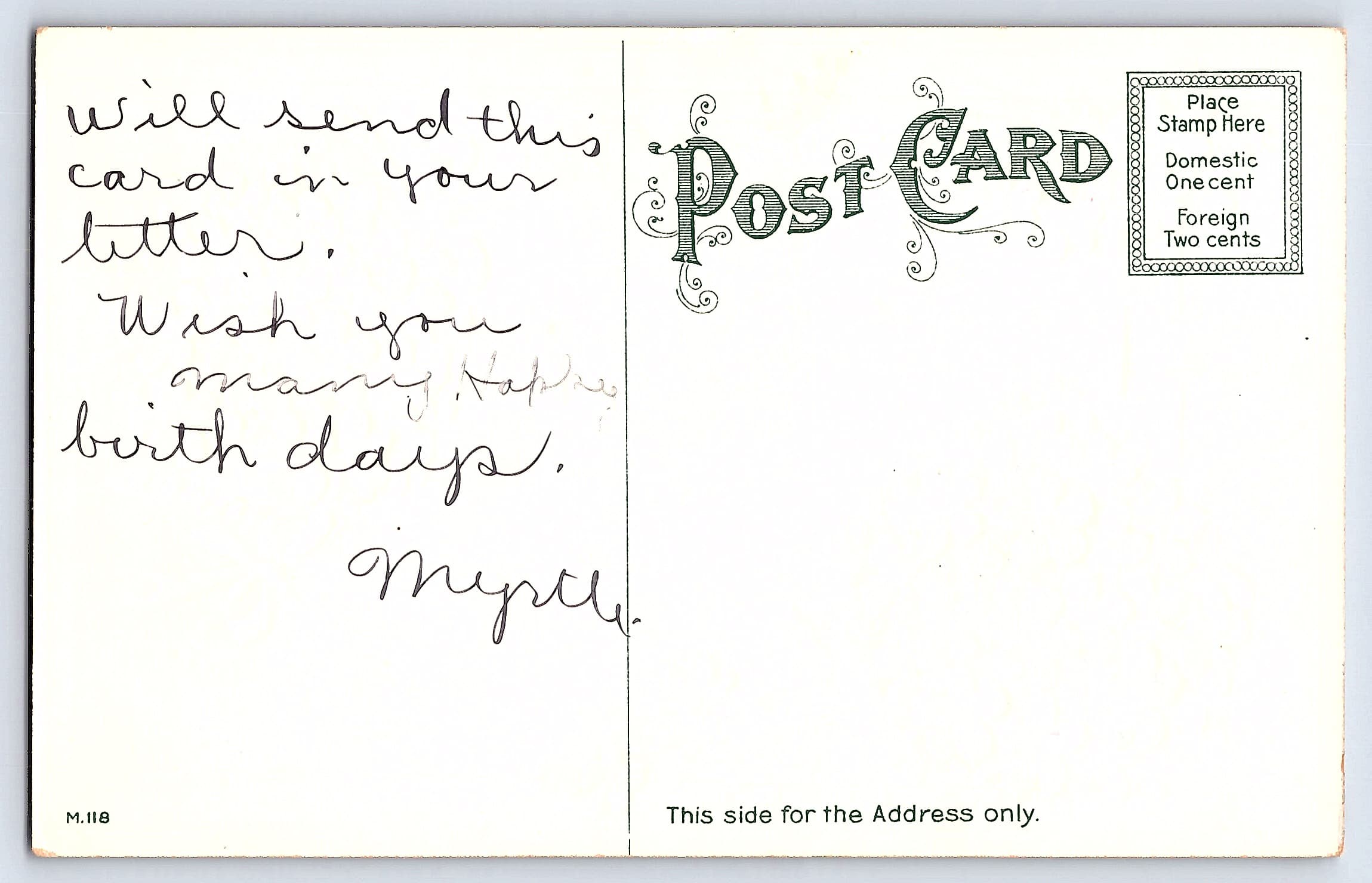 Vintage Birthday Postcard, Divided Back, Floral Design, Early 1900s - Back