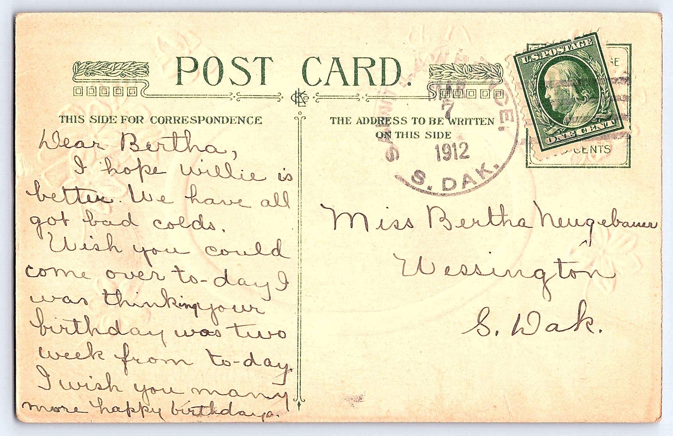 H. Aston Birthday Wish Postcard, Divided Back, 1912, South Dakota - Back