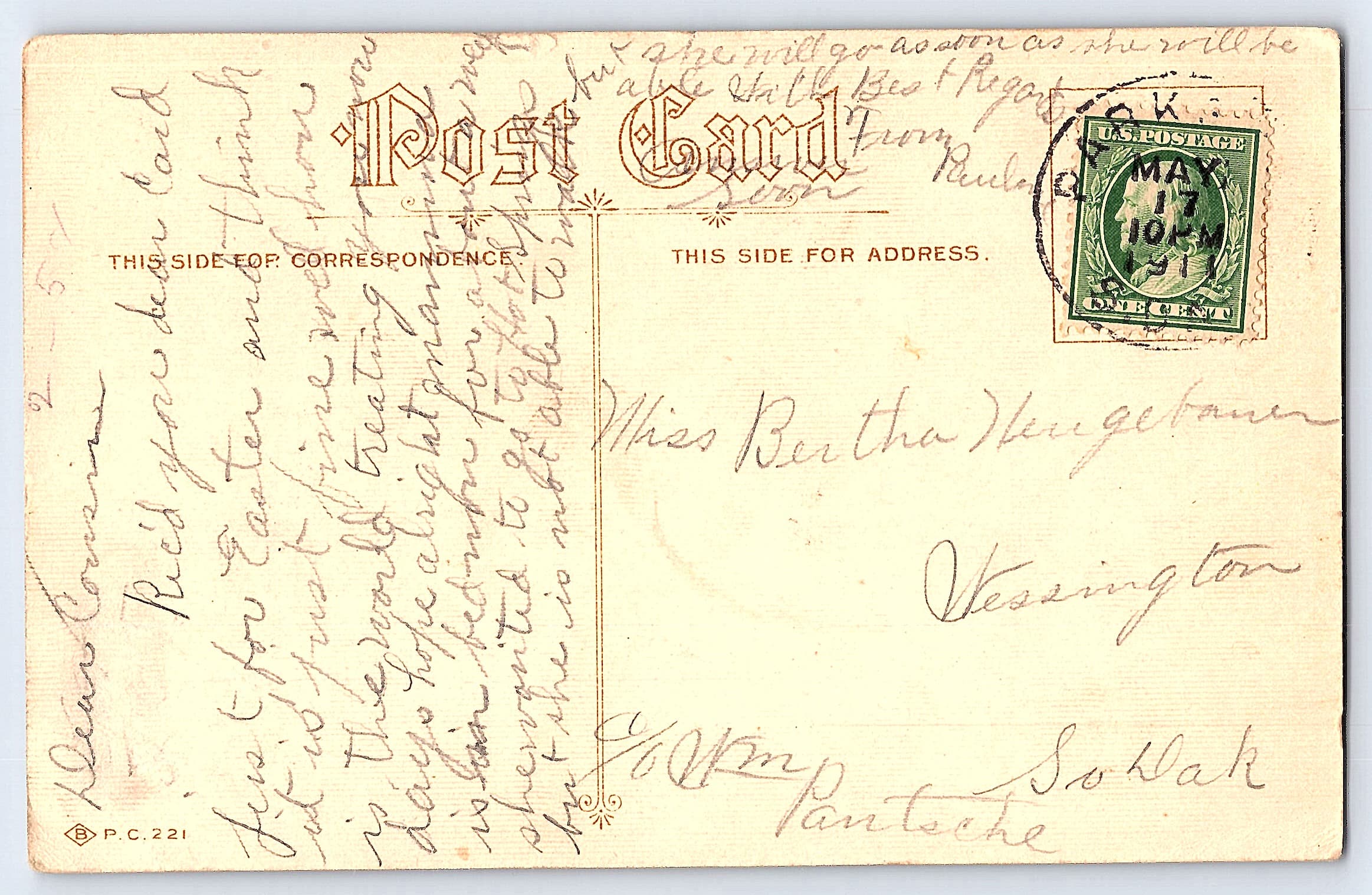 White Chrysanthemum Sincerity Postcard, Divided Back, 1910 Postmark - Back