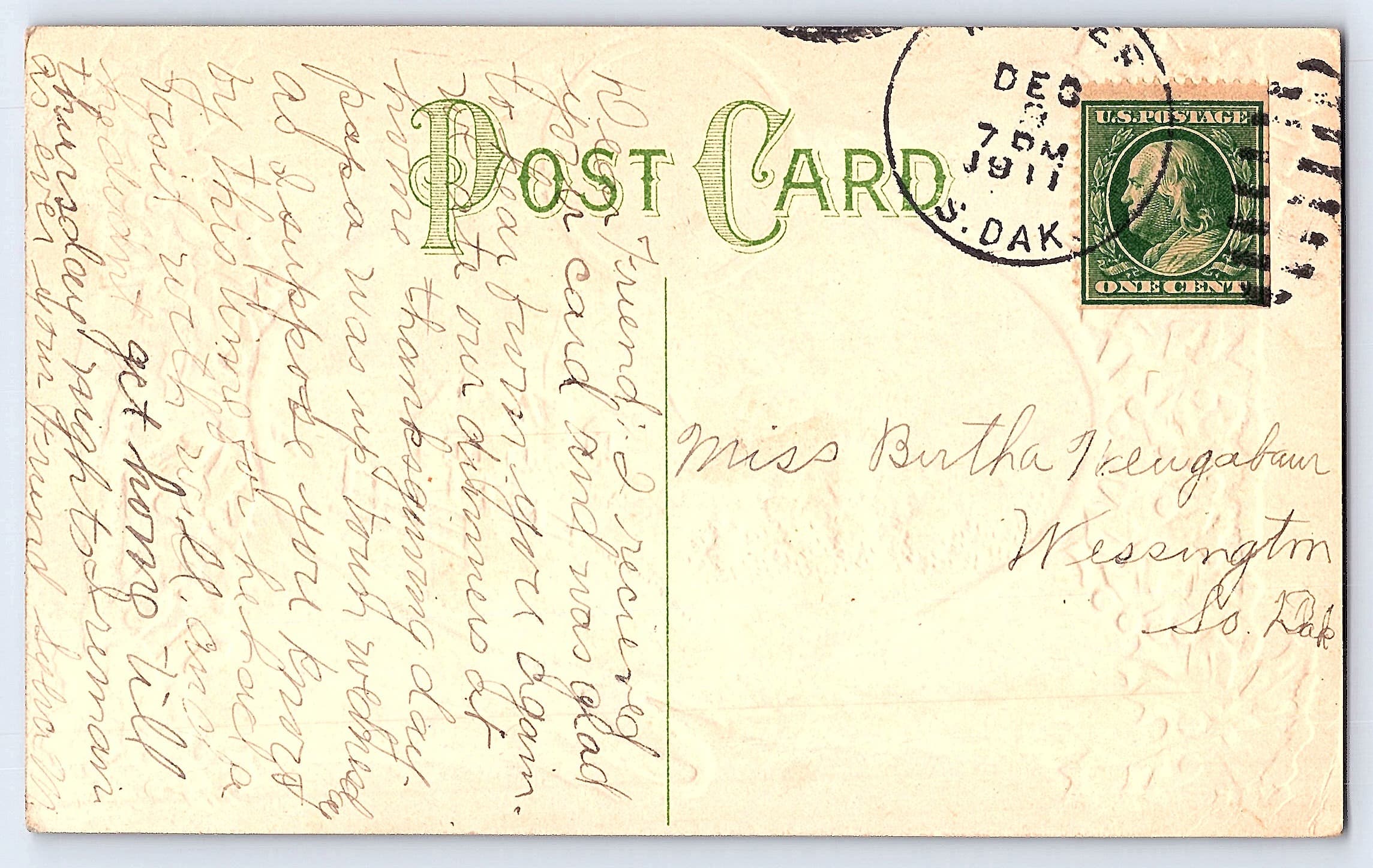 A. Horwitz Linen Postcard, Christmas Scene, 1911 Postmark, South Dakota - Back