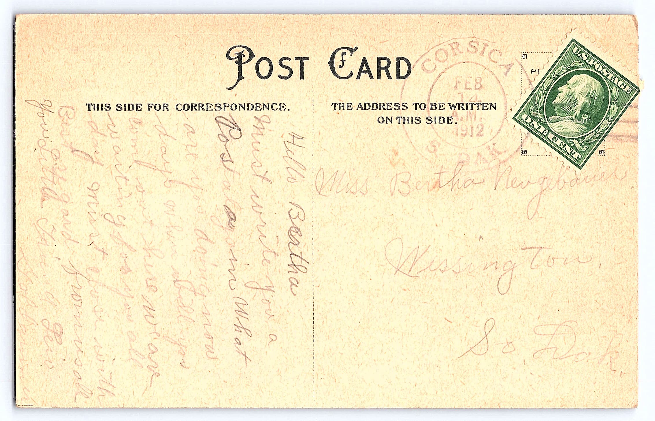 Valentine's Day Linen Postcard, Corsica Postmark 1912 - Back