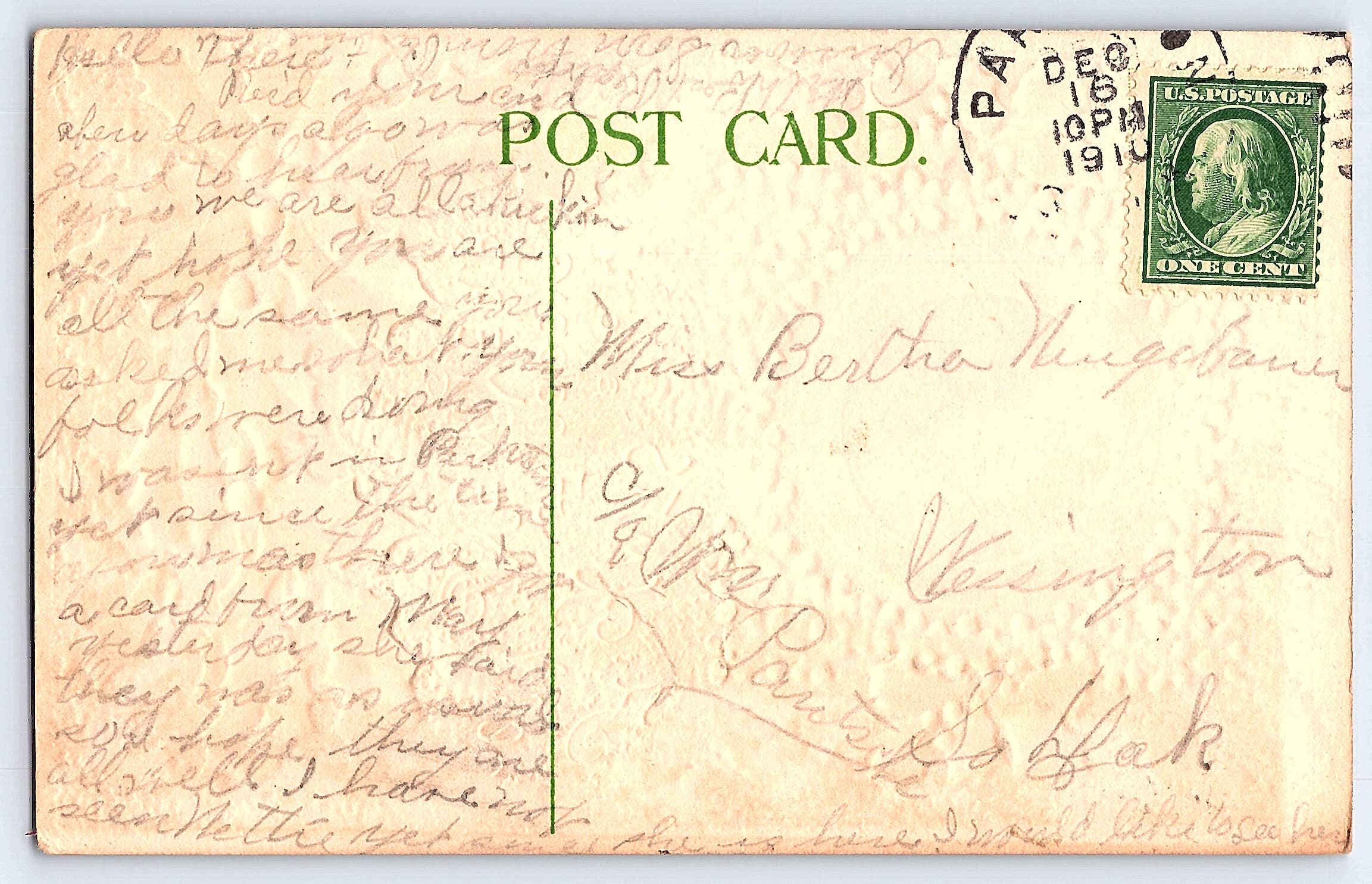Christmas and New Year Postcard, Divided Back, 1910 Postmark - Back