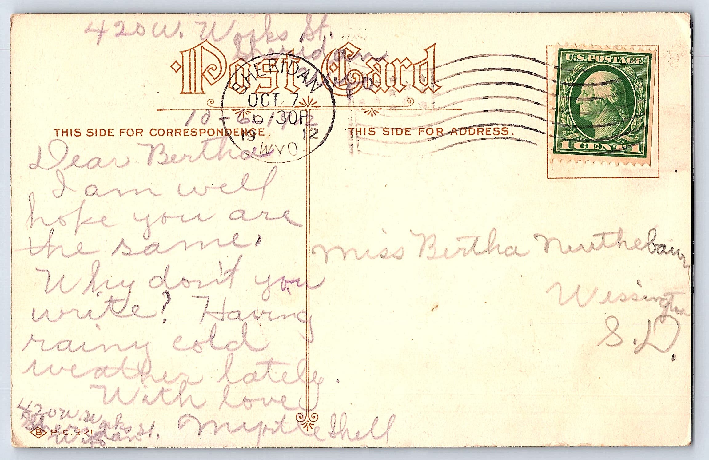 Forget-Me-Not Remembrance Postcard, Divided Back, Wyoming, 1912 - Back