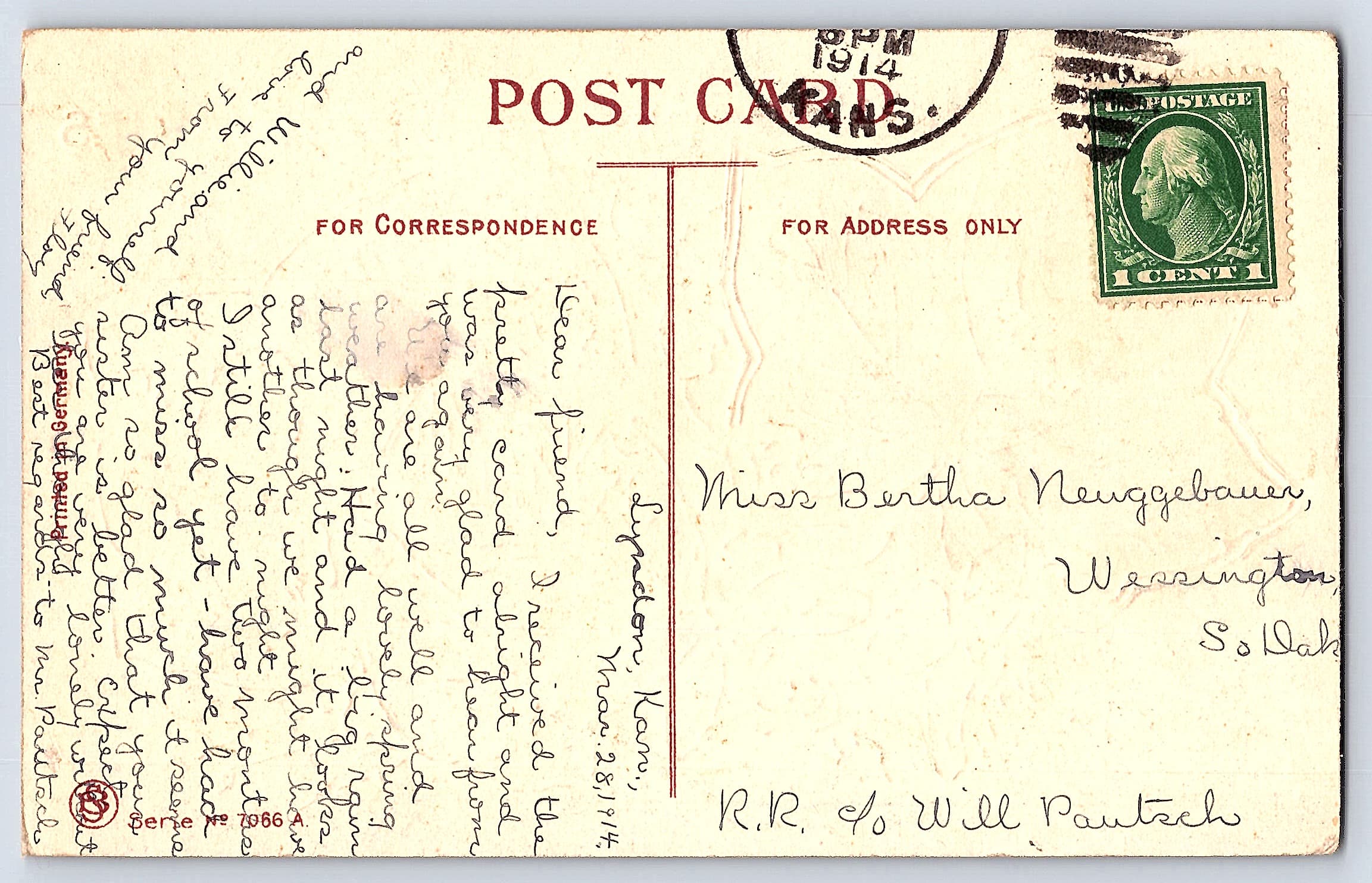Printed in Germany, Divided Back, Best Wishes, 1914 Postmark - Back