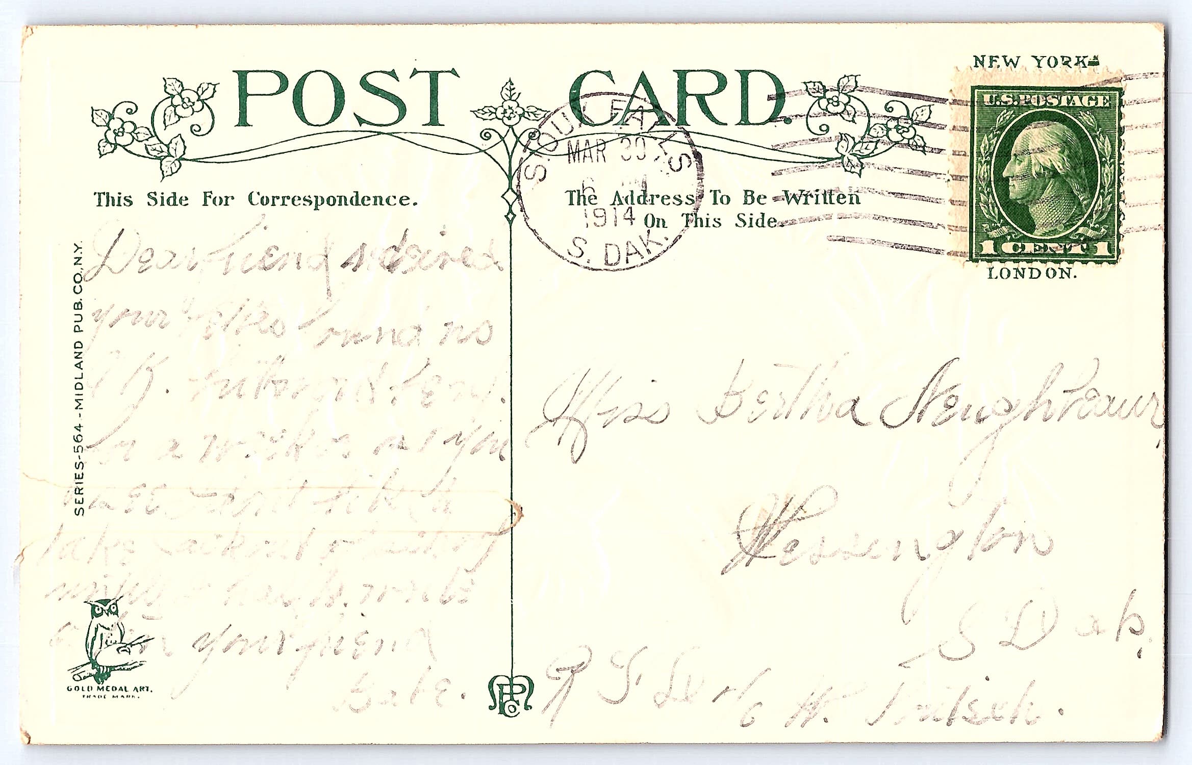 Midland Pub Co, Easter Greeting, USA, Divided Back, 1914 - Back