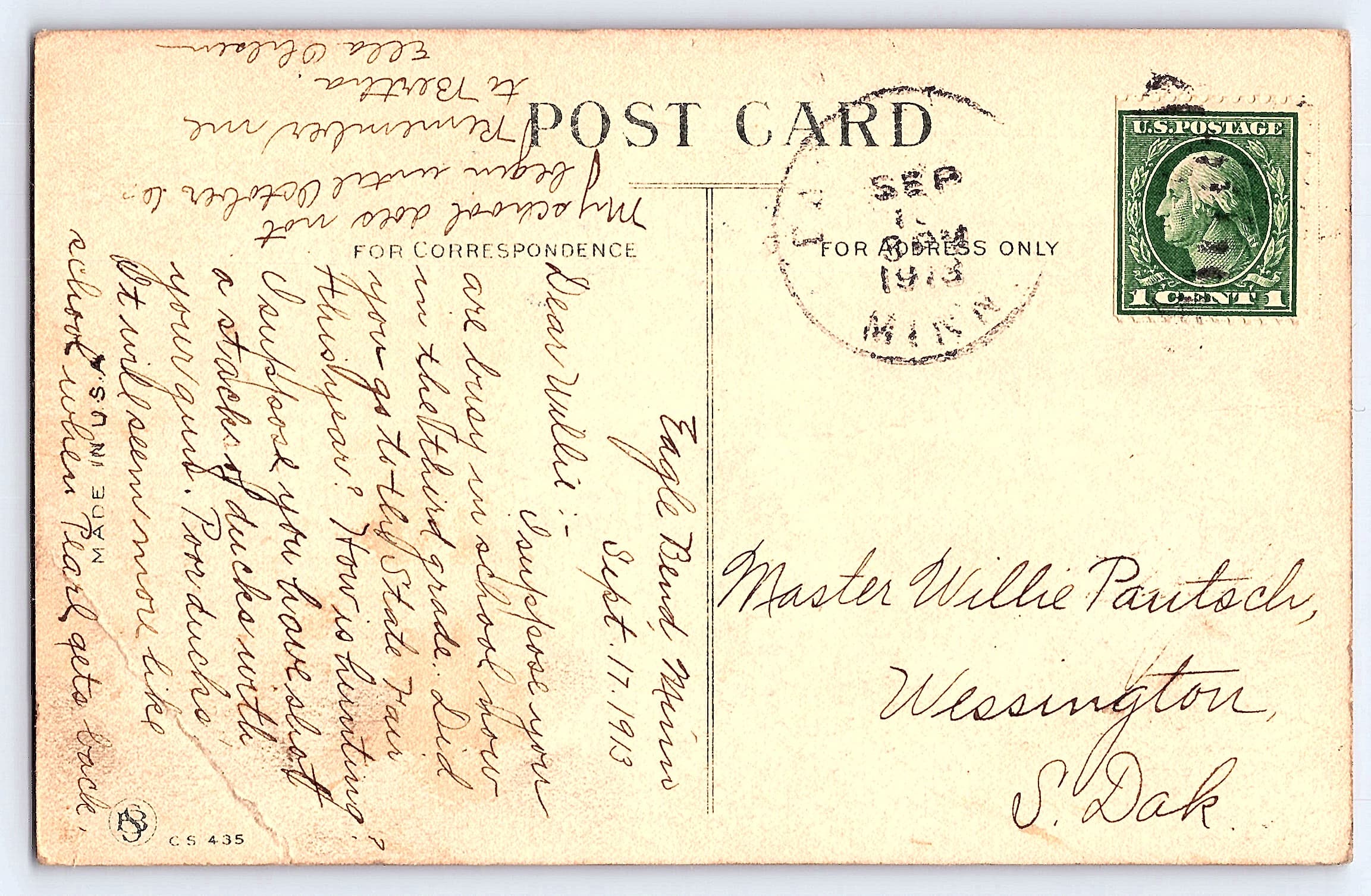 Humorous Postcard, Divided Back, Boy and Calf, 1913 Postmark, Eagle Bend, MN - Back