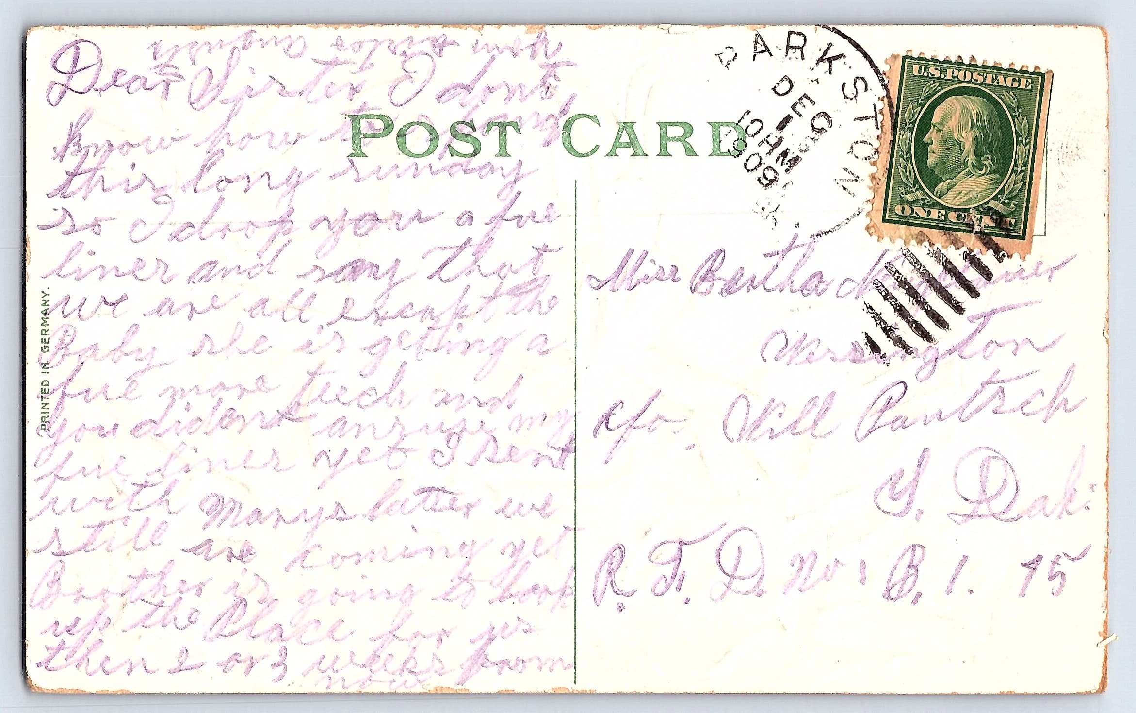 German Publisher, Divided Back, Best Wishes Roses, 1909 Postmark - Back