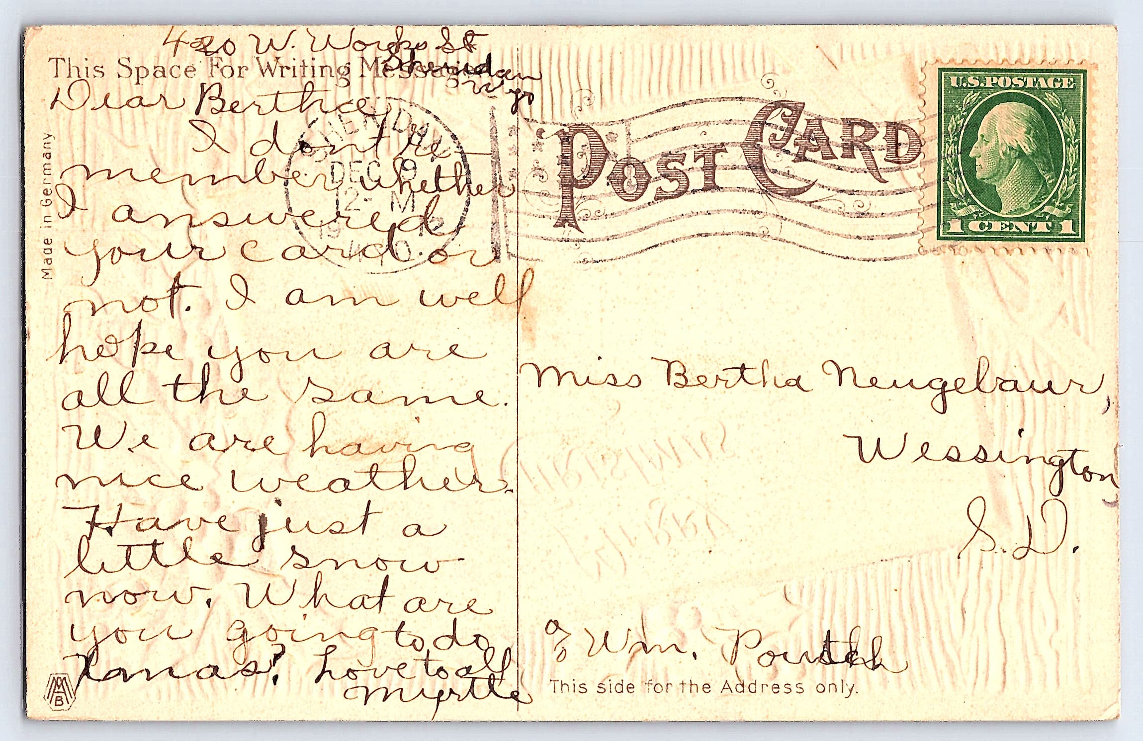 Merry Christmas, Embossed Postcard, Germany, 1910 Postmark - Back