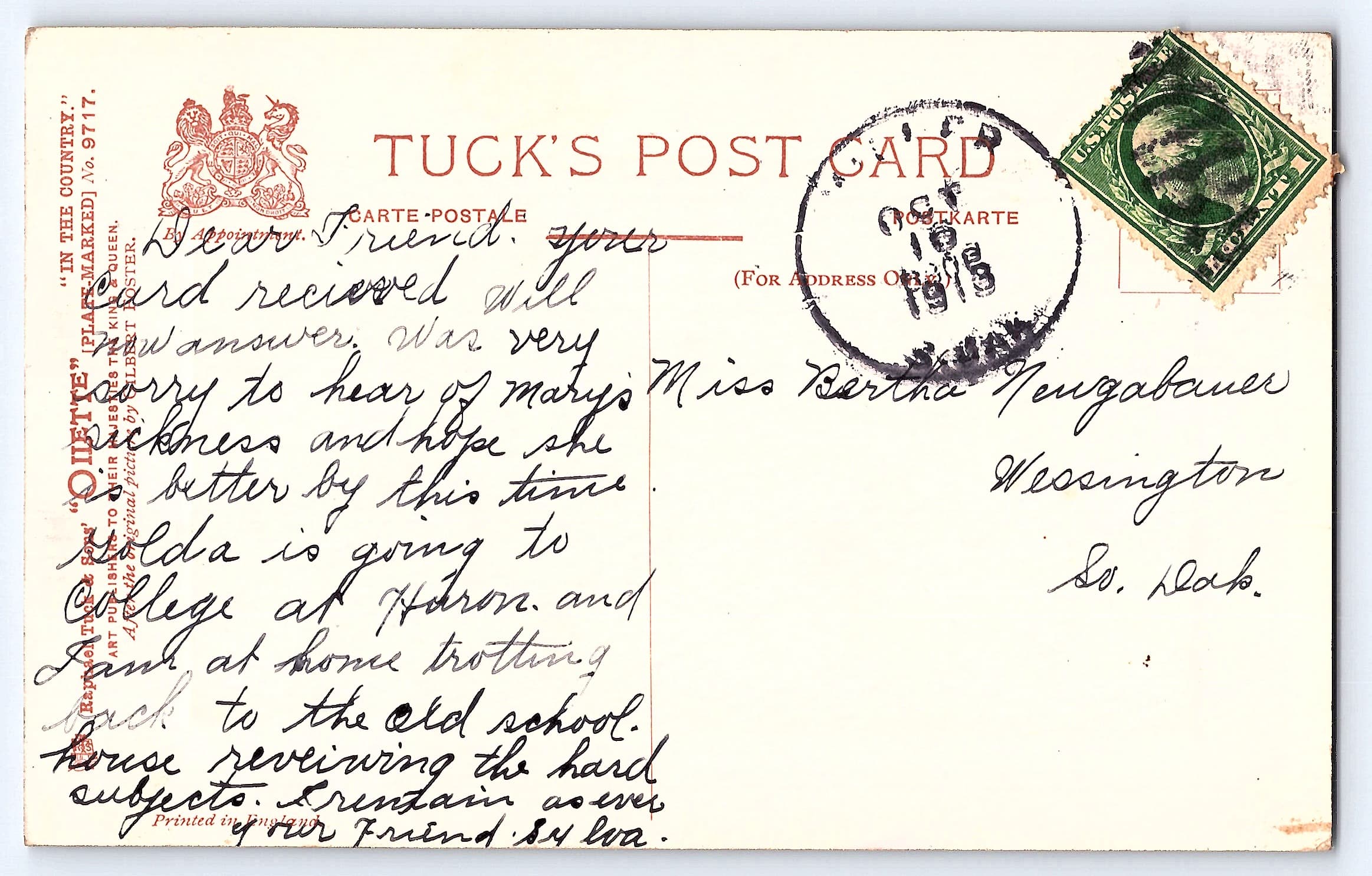Tuck's Postcard, Oilette, Spring Scene, 1910s Postmark - Back
