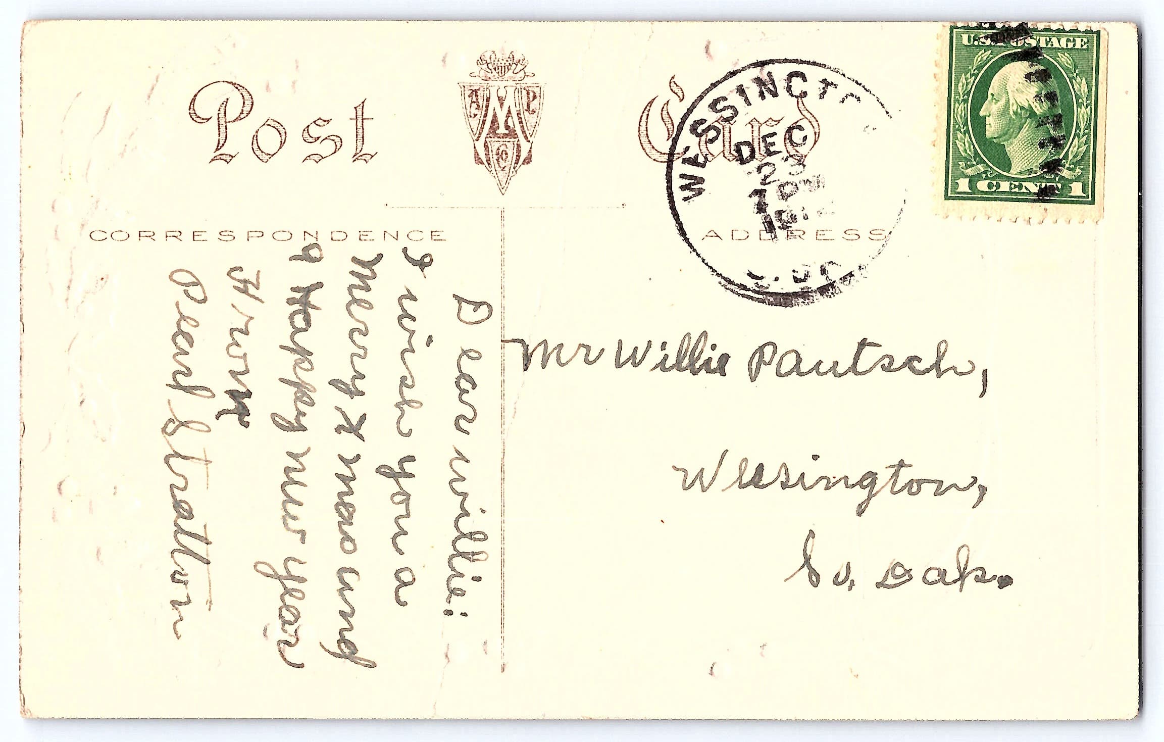 Juvenile Series 408, Divided Back Christmas Postcard, Wessington 1908 - Back