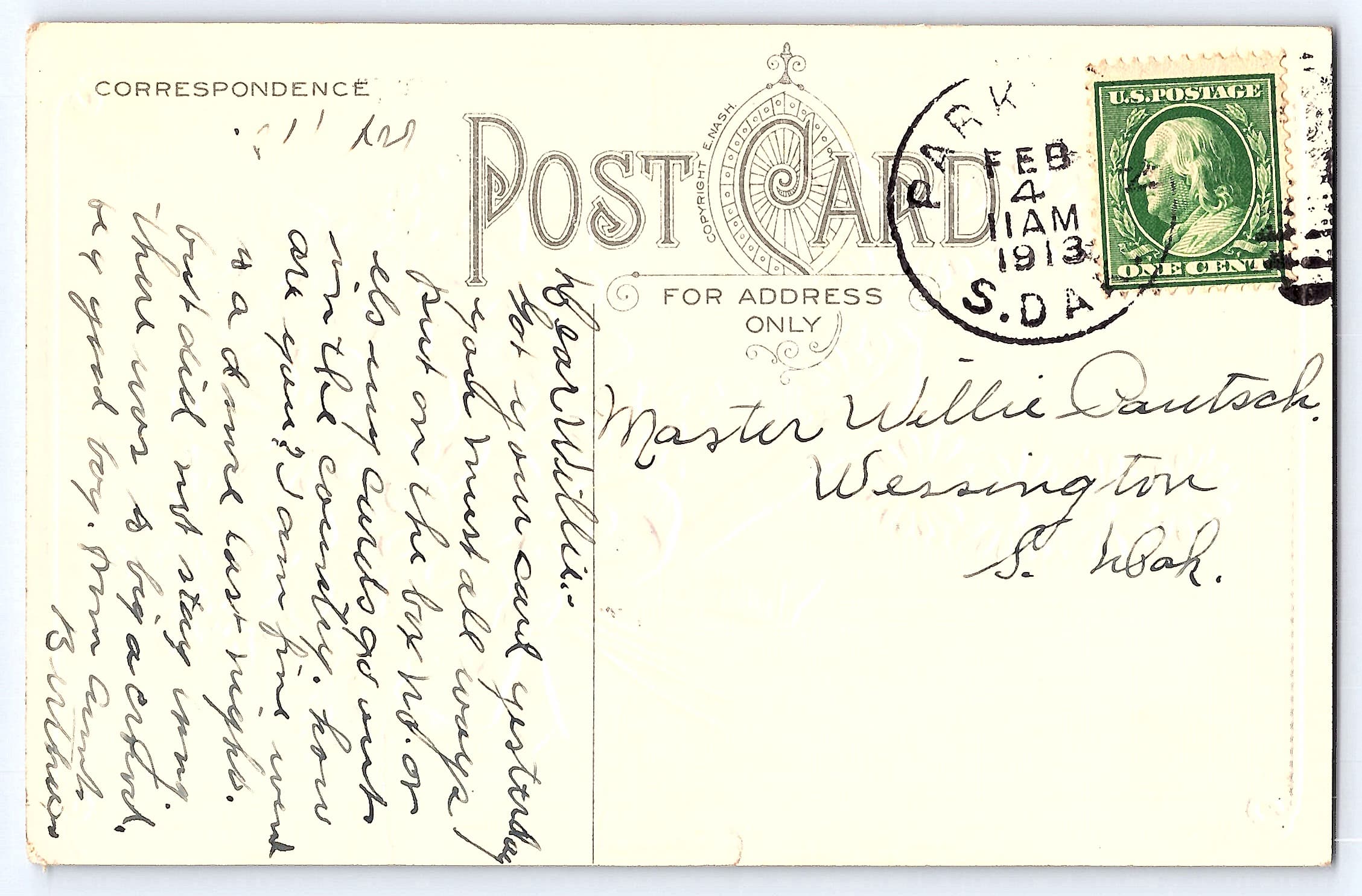 E.M.A.S.H. Linen Postcard, Good Luck Bouquet, 1913 Postmark - Back