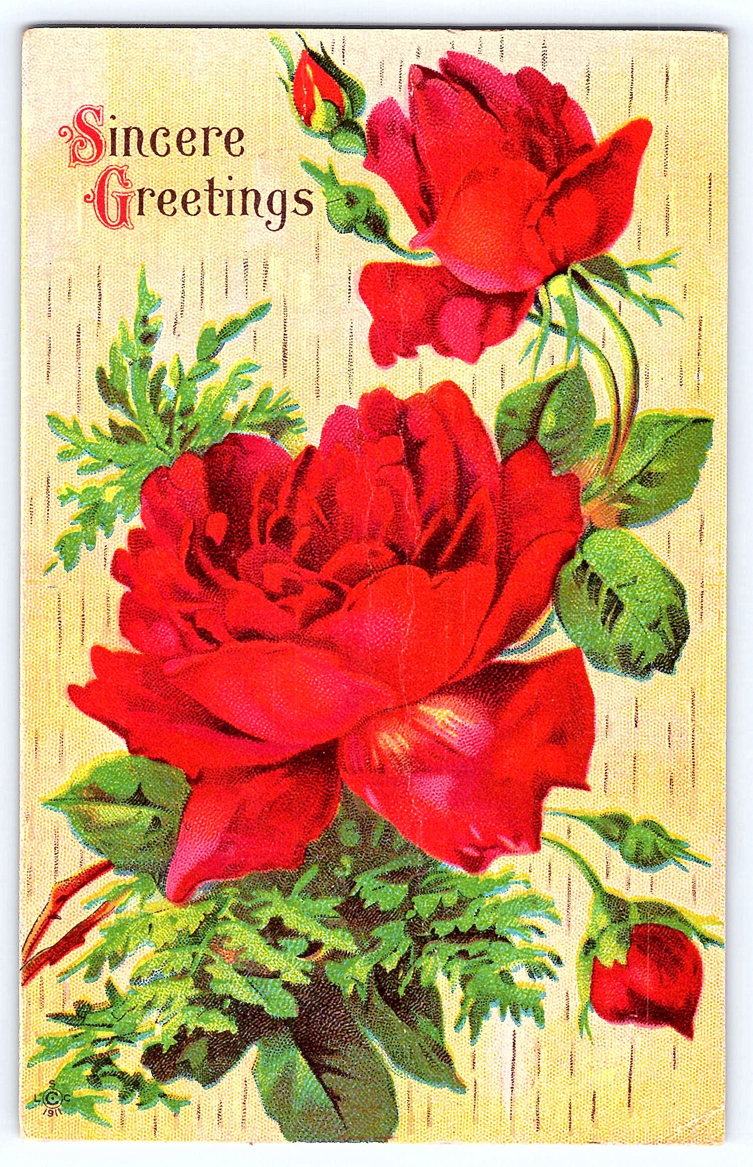 Sincere Greetings, Linen Postcard, Red Roses, Early 1940s