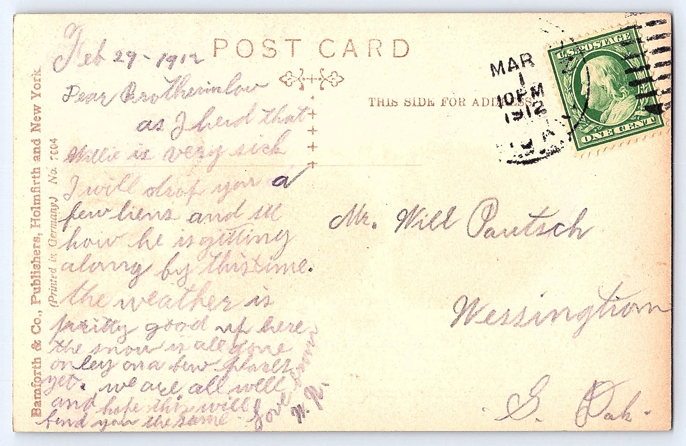 Bamforth & Co. Birthday Postcard, Good Wishes, 1912 Postmark - Back