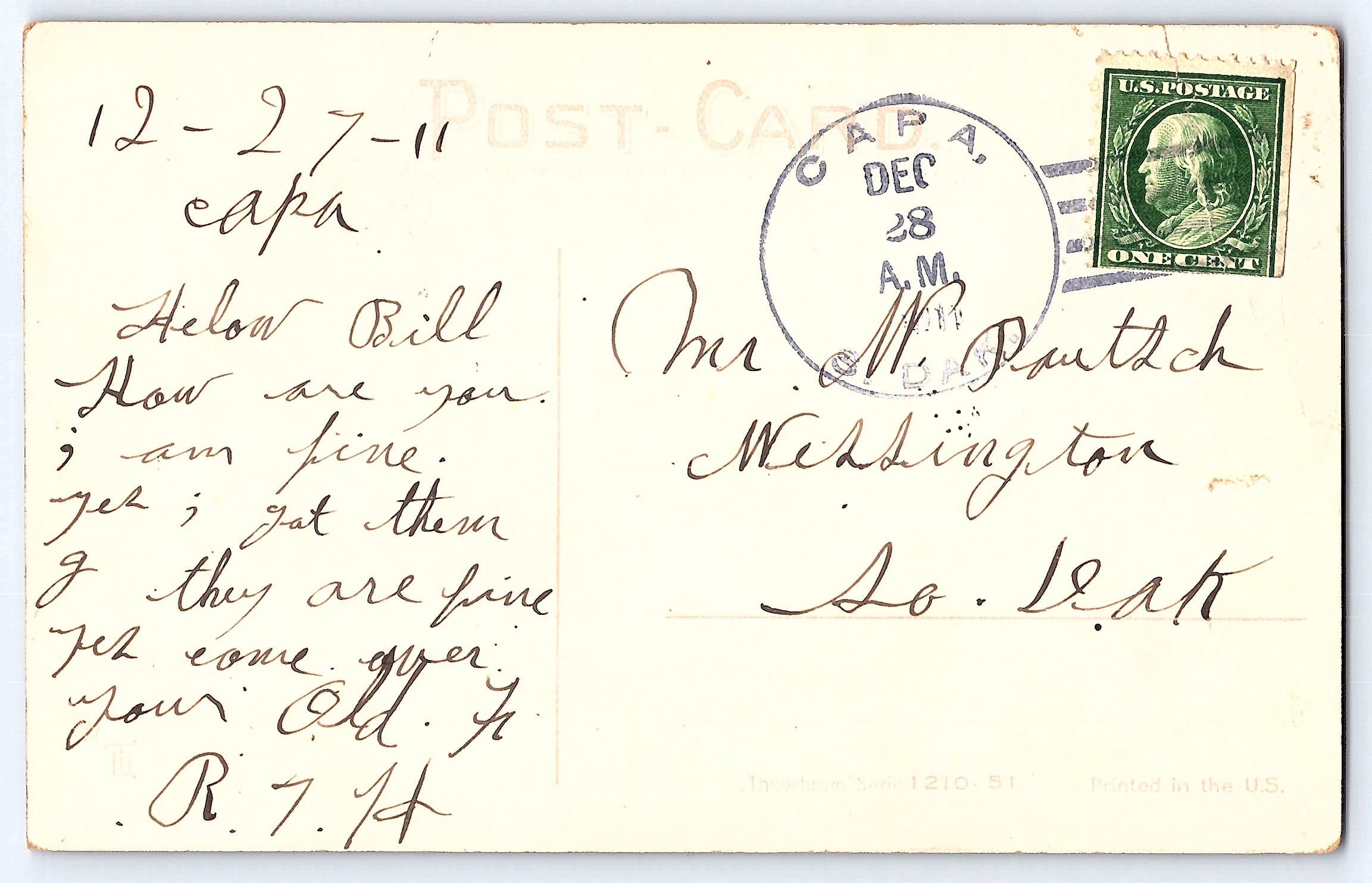 Rough on Rats, Divided Back Postcard, 1911 Postmark - Back