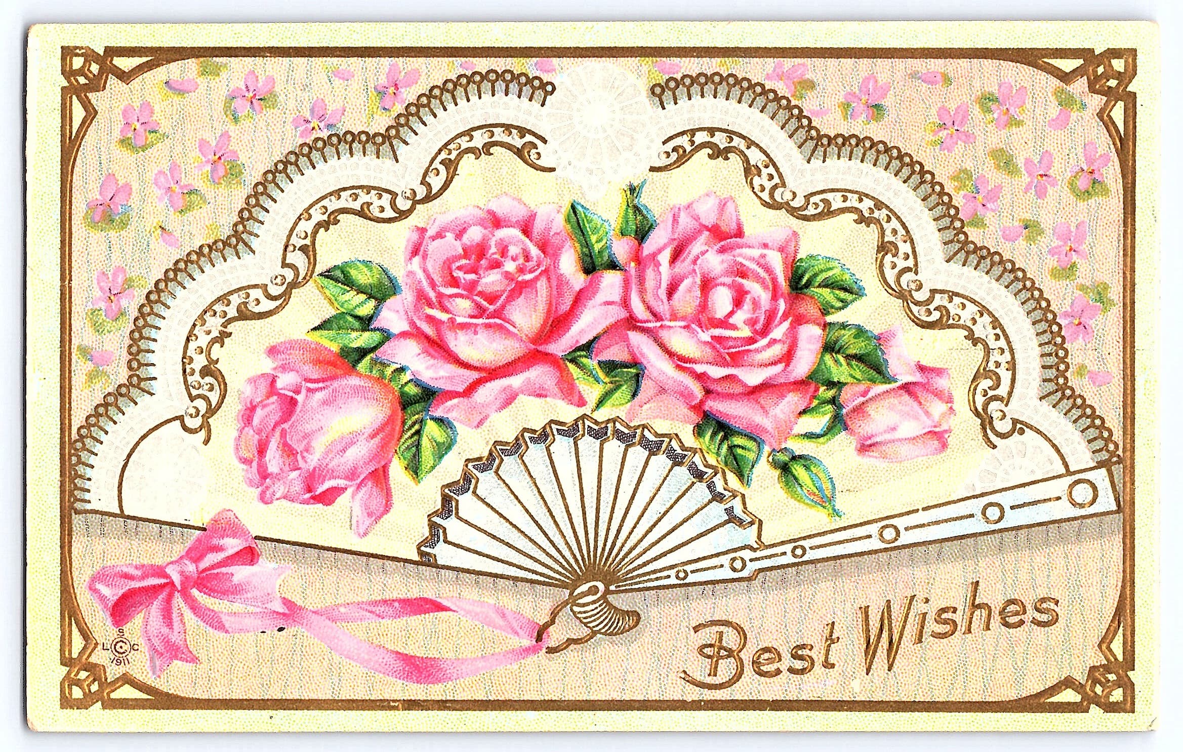 L.C. Series 242 C, Linen Postcard, Best Wishes Roses, 1930s