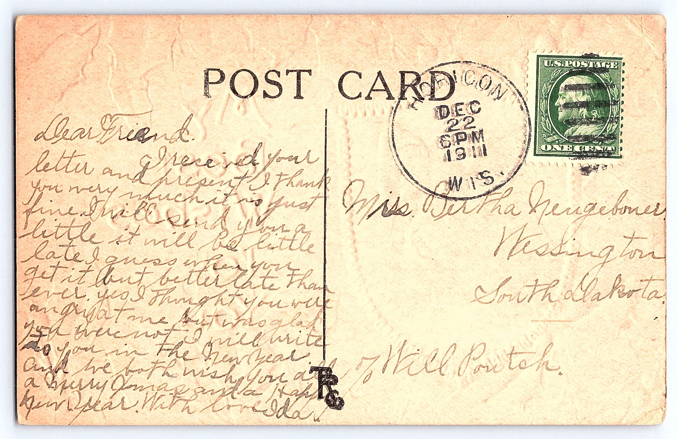 H.M. Rose, Divided Back Postcard, Dog with Holly, 1911 Postmark - Back