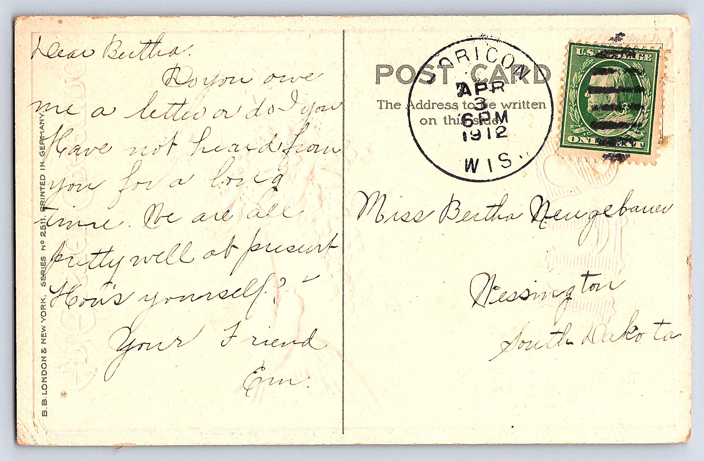 B.B. London Easter Greeting Postcard, Divided Back, 1912 - Back