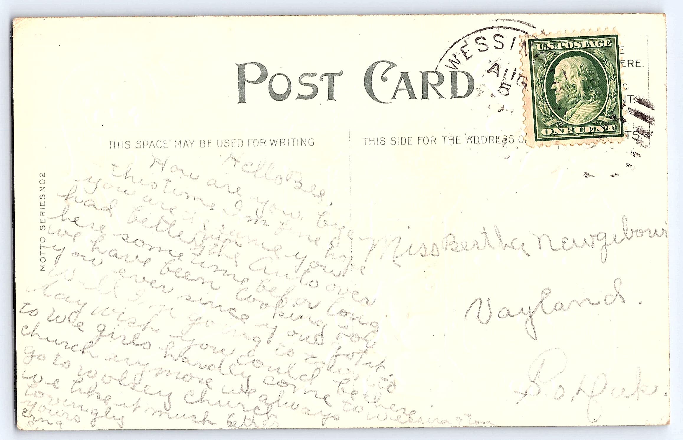 Motto Series No. 2, Divided Back Postcard, Daffodils, 1910 Postmark - Back