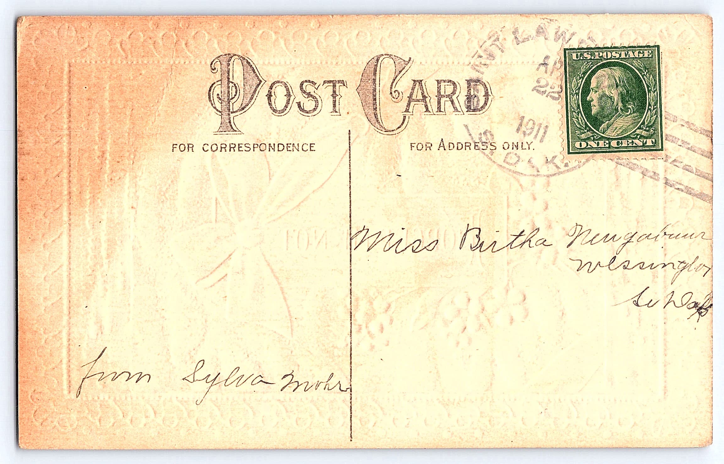 Forget-Me-Not Postcard, Divided Back, 1911, Washington Postmark - Back