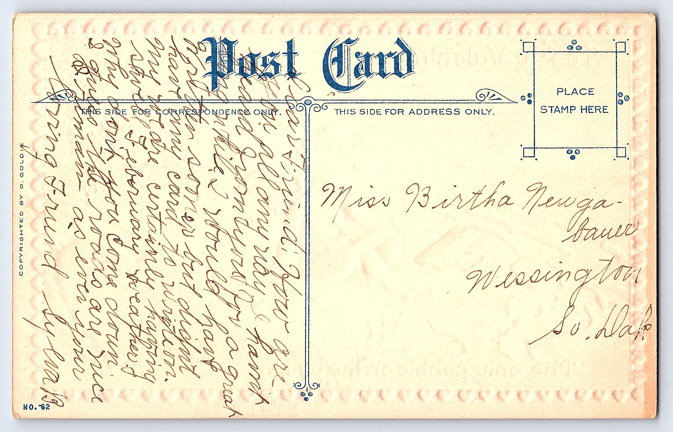 D. Goldt Valentine Postcard, Cupid on Beach, Early 1900s - Back