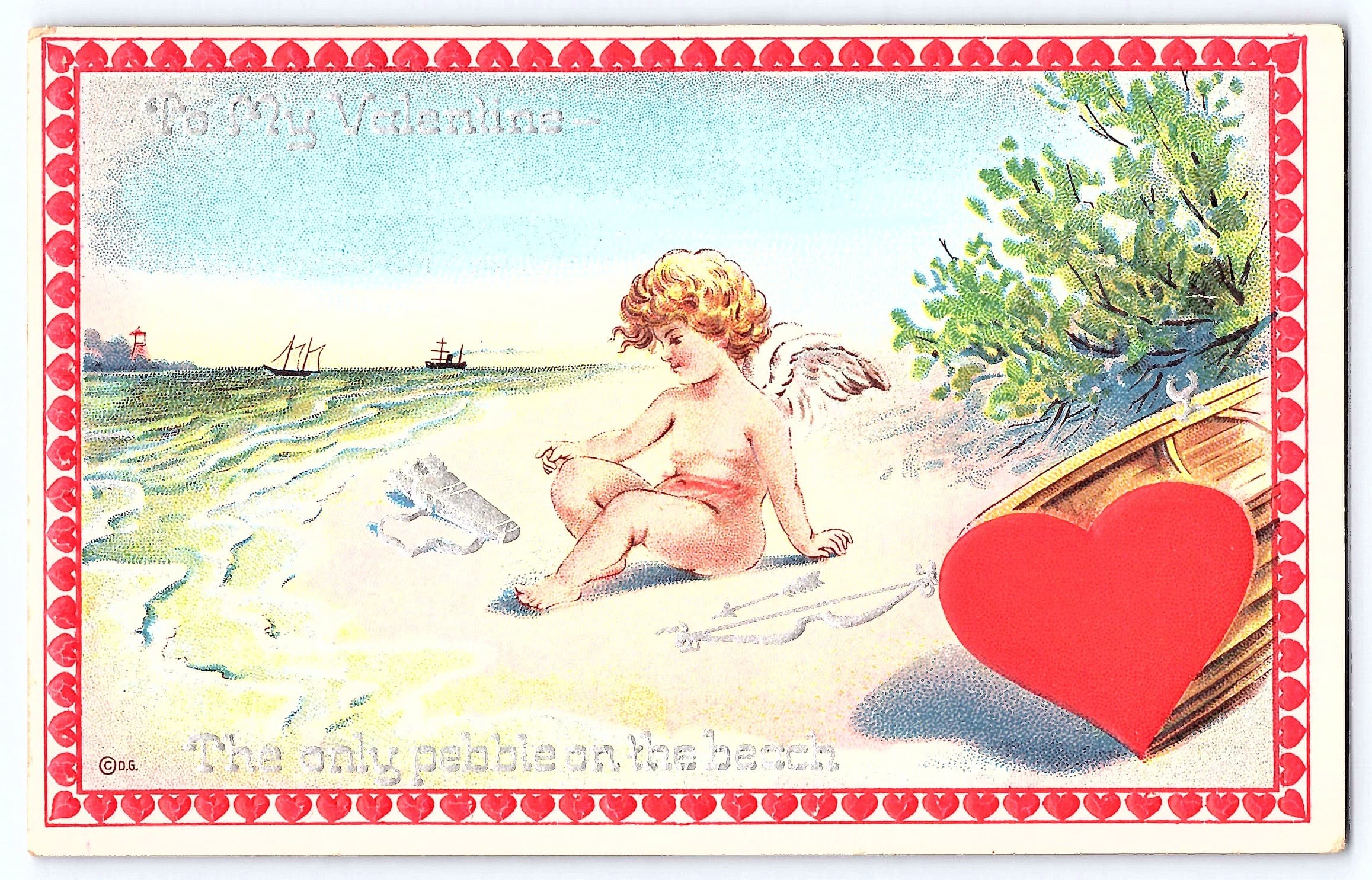 D. Goldt Valentine Postcard, Cupid on Beach, Early 1900s