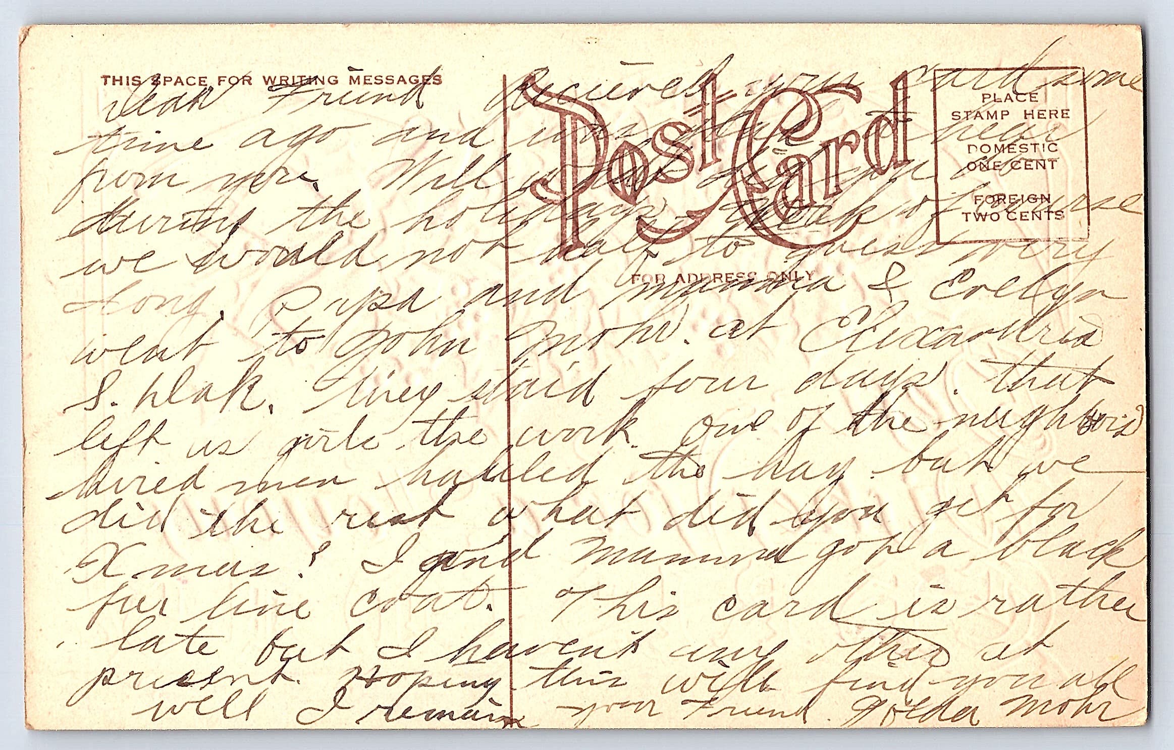 Christmas Greetings Postcard, Divided Back, Early 1900s - Back