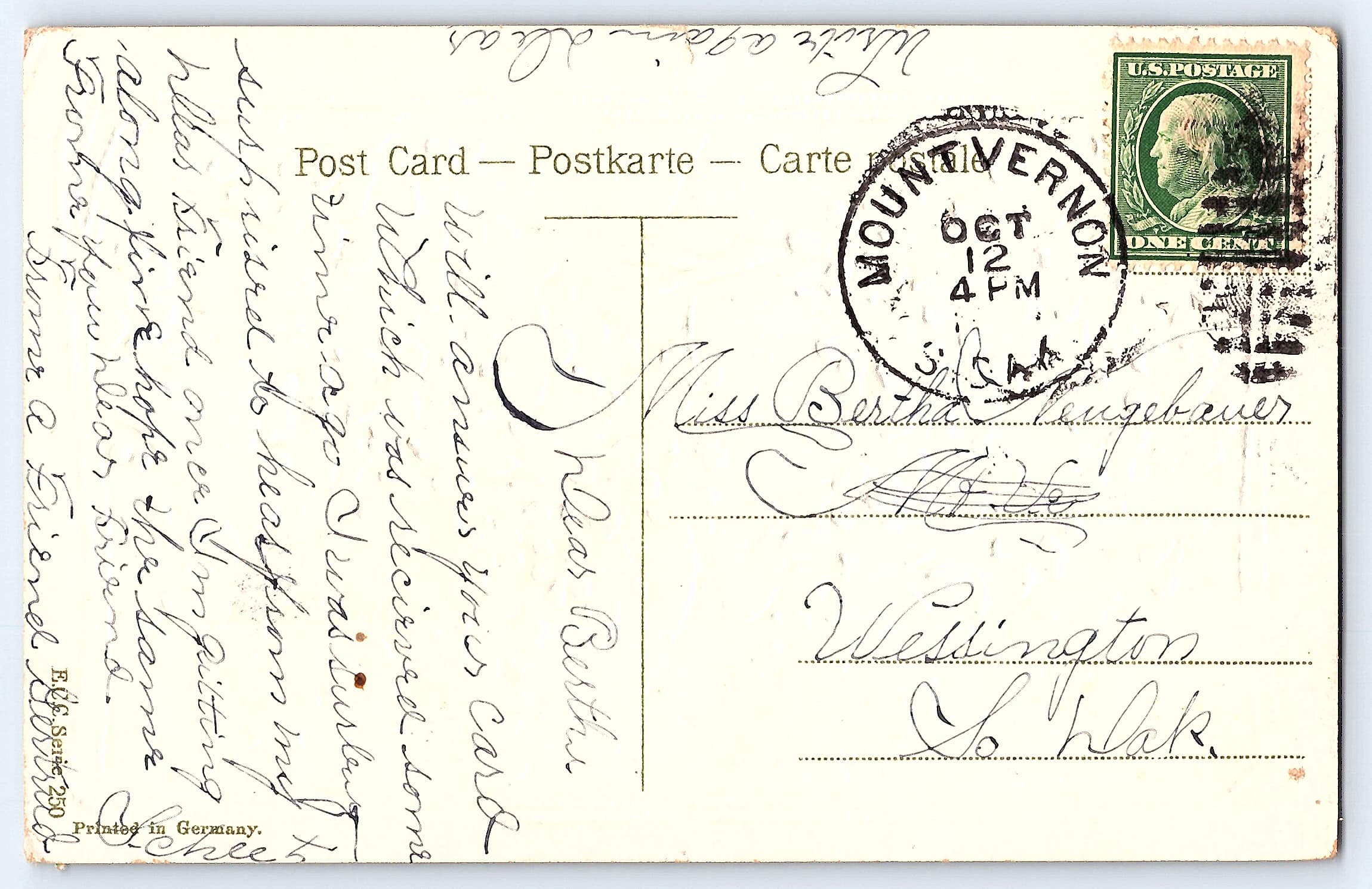 EAS Series 250, Divided Back, Best Wishes Lilacs, Mount Vernon, 1910s - Back